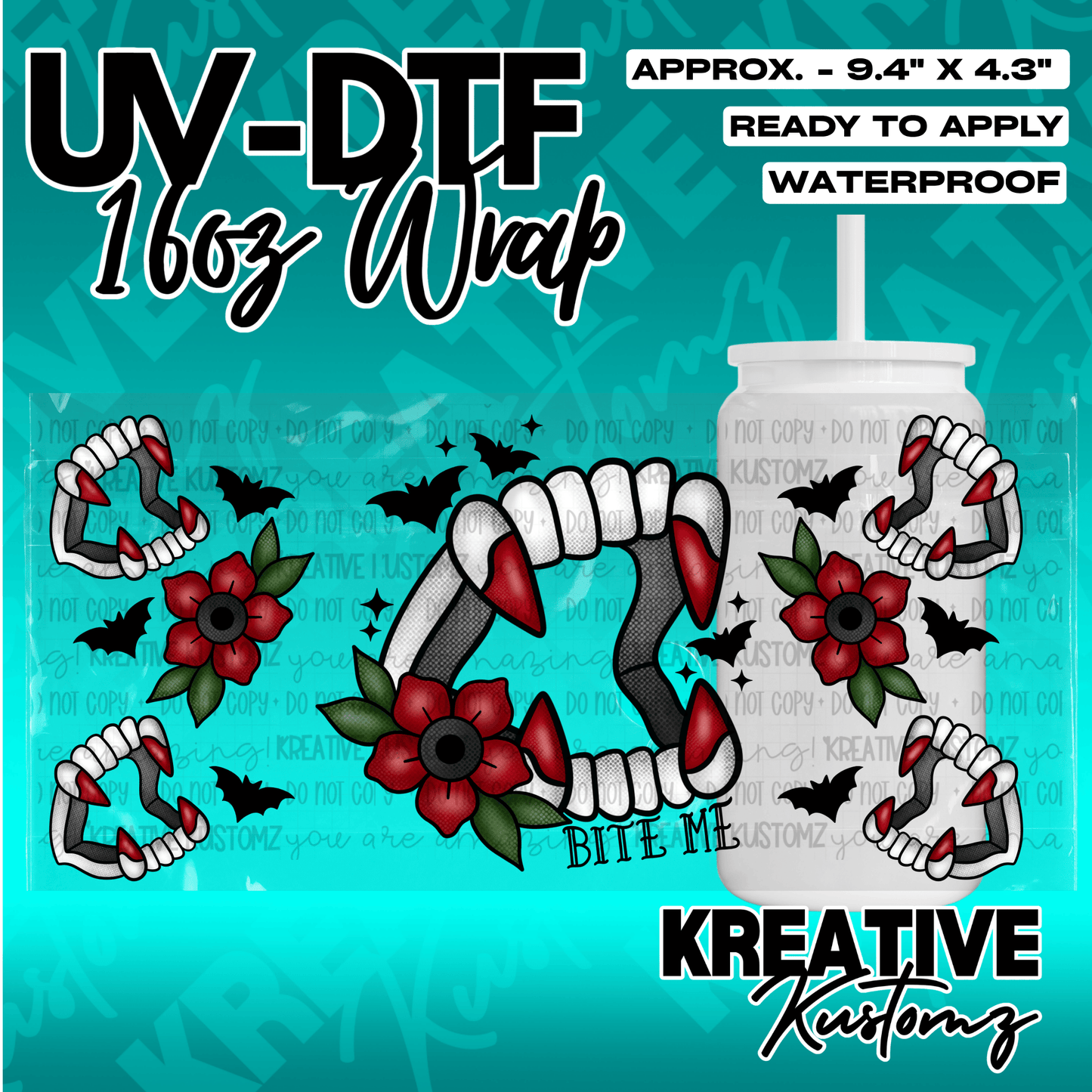 A UV DTF adhesive wrap for 16oz glass cans featuring vampire teeth, red flowers, and bats.