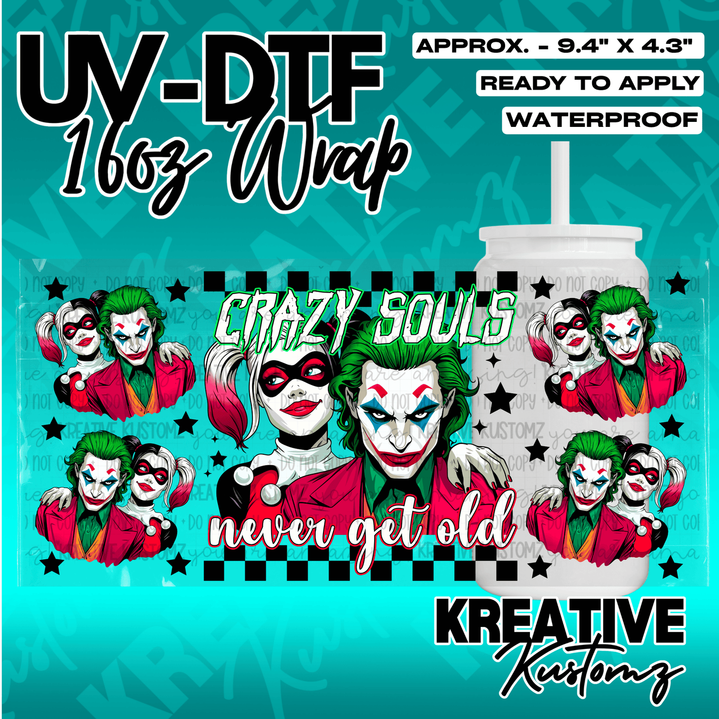 A UV DTF adhesive wrap for 16oz glass cans featuring Joker and Harley Quinn illustrations.