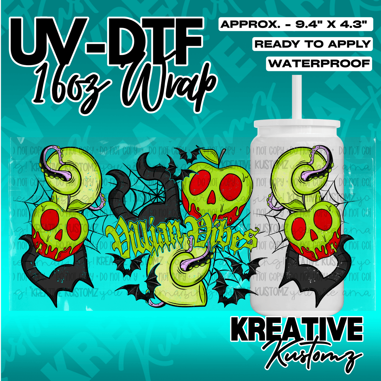 A UV DTF cup wrap featuring a spooky poison apple and tentacle design for a 16oz glass can.