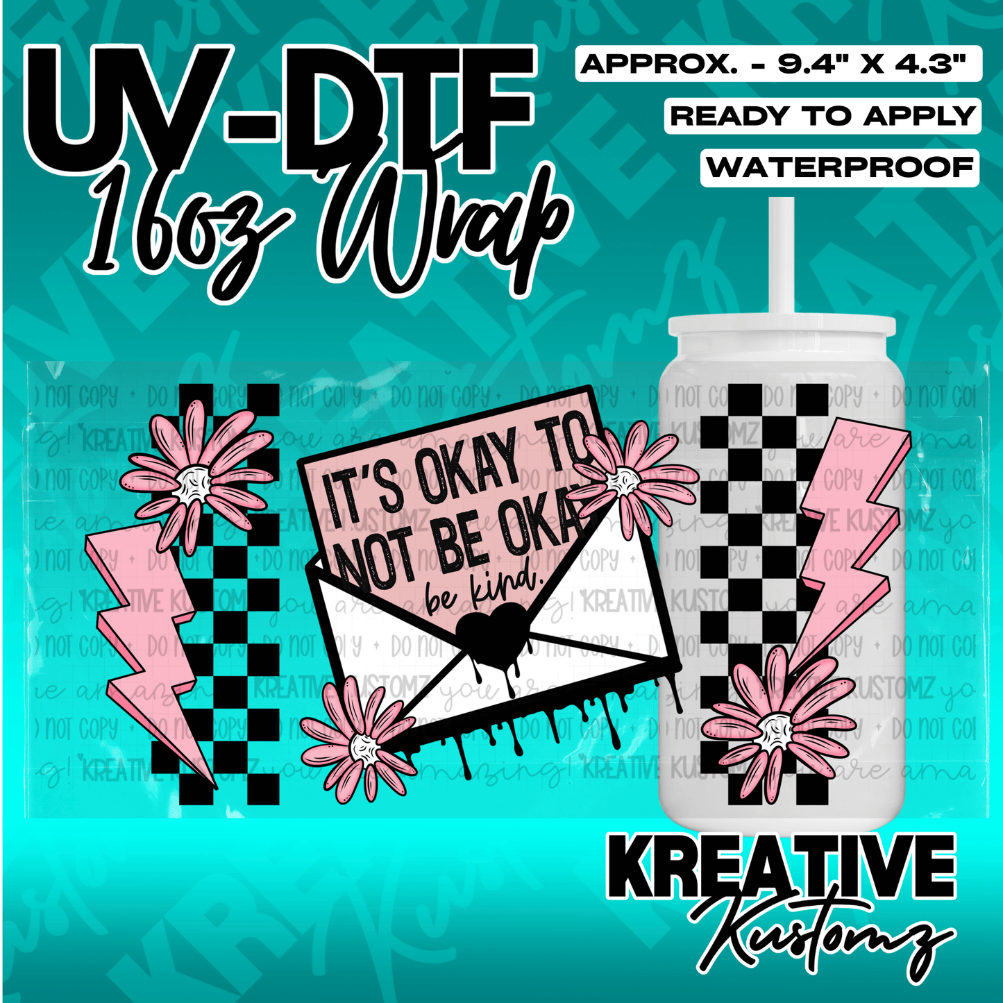 A UV DTF adhesive wrap for a 16oz glass cup featuring a pink envelope, flowers, and lightning bolts.