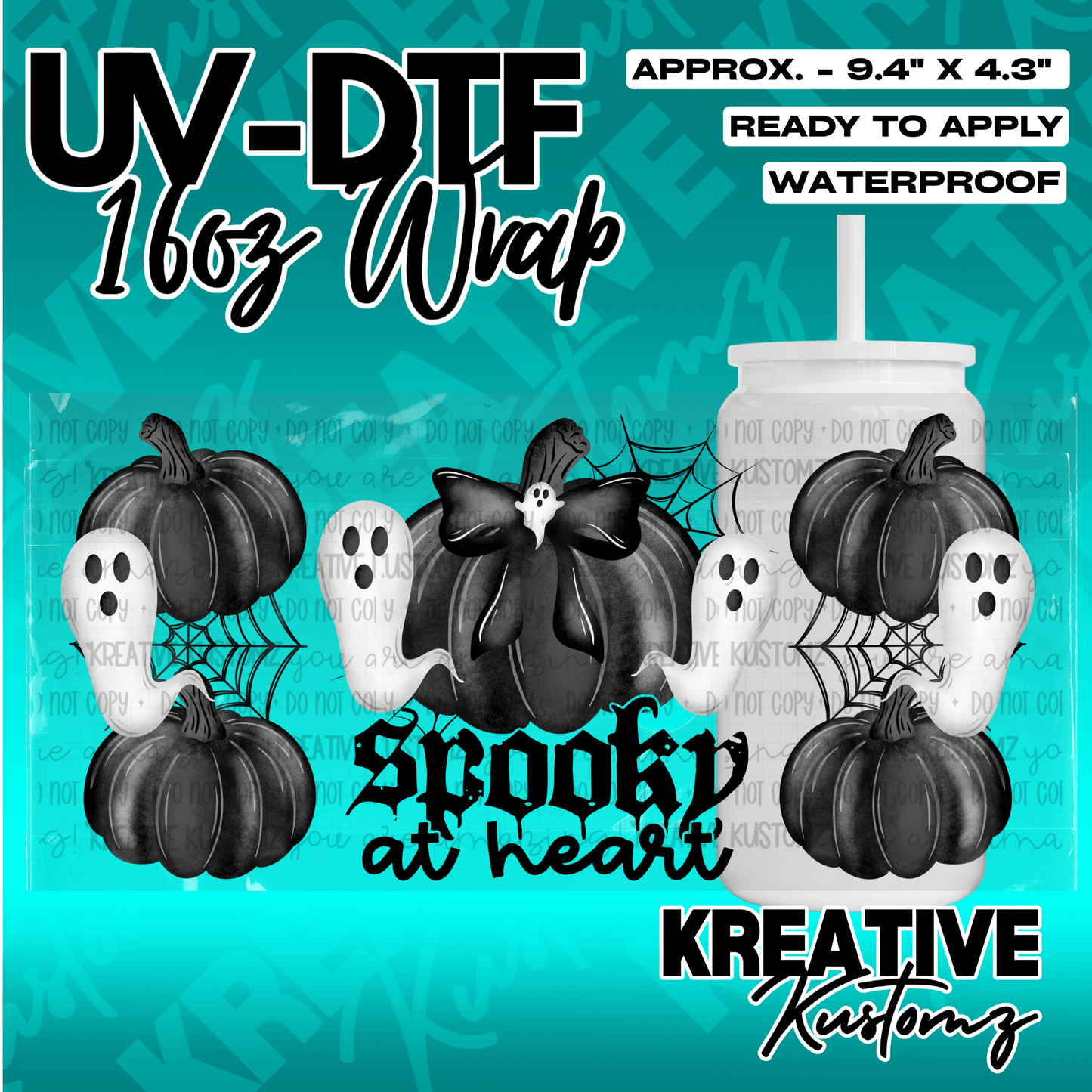 A UV DTF adhesive wrap for a 16oz glass cup featuring black pumpkins, white ghosts, and spiderwebs.