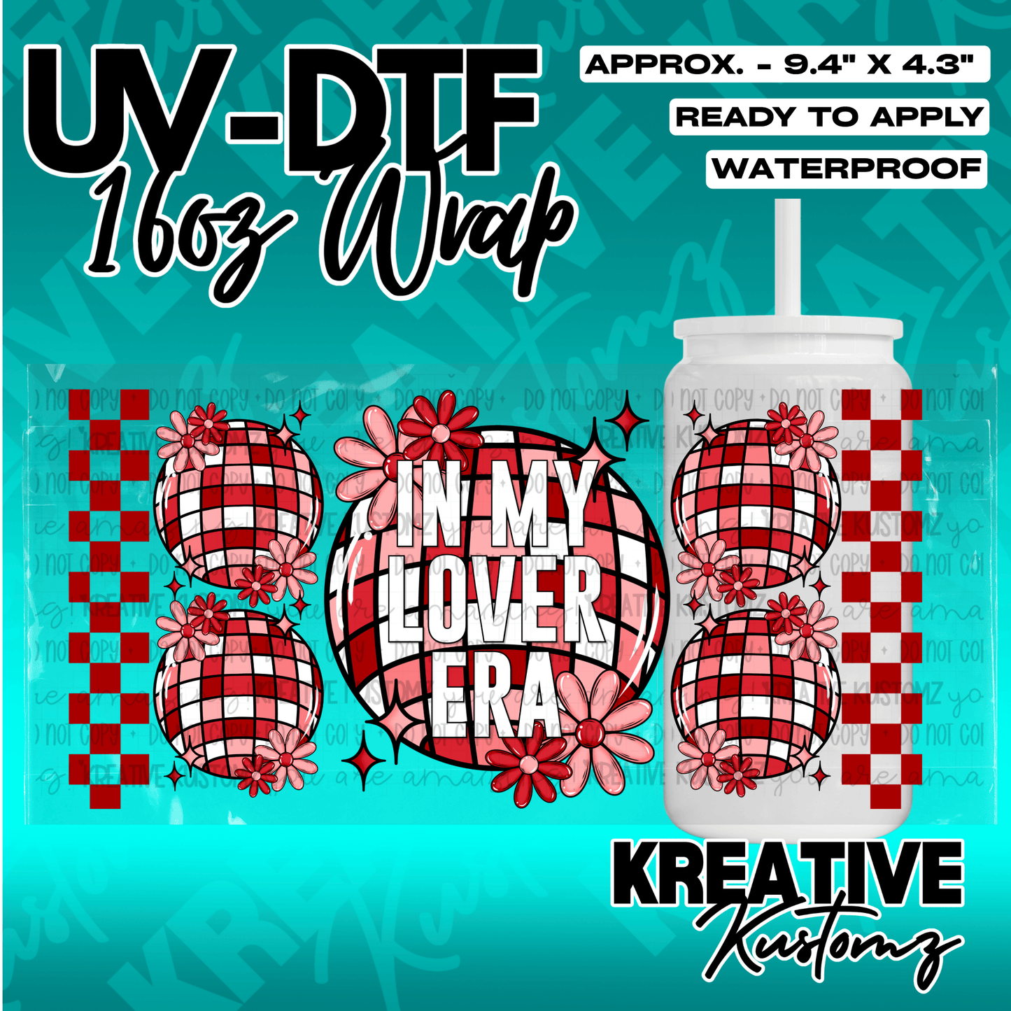 A UV DTF adhesive wrap for 16oz glass cans featuring a red and pink disco ball and floral design.