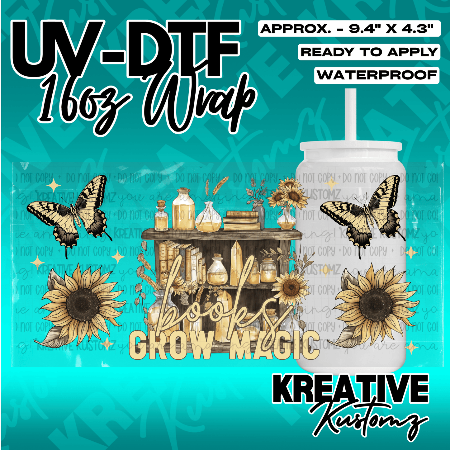 A UV DTF adhesive wrap for 16oz glass cans featuring butterflies, sunflowers, and a bookshelf.
