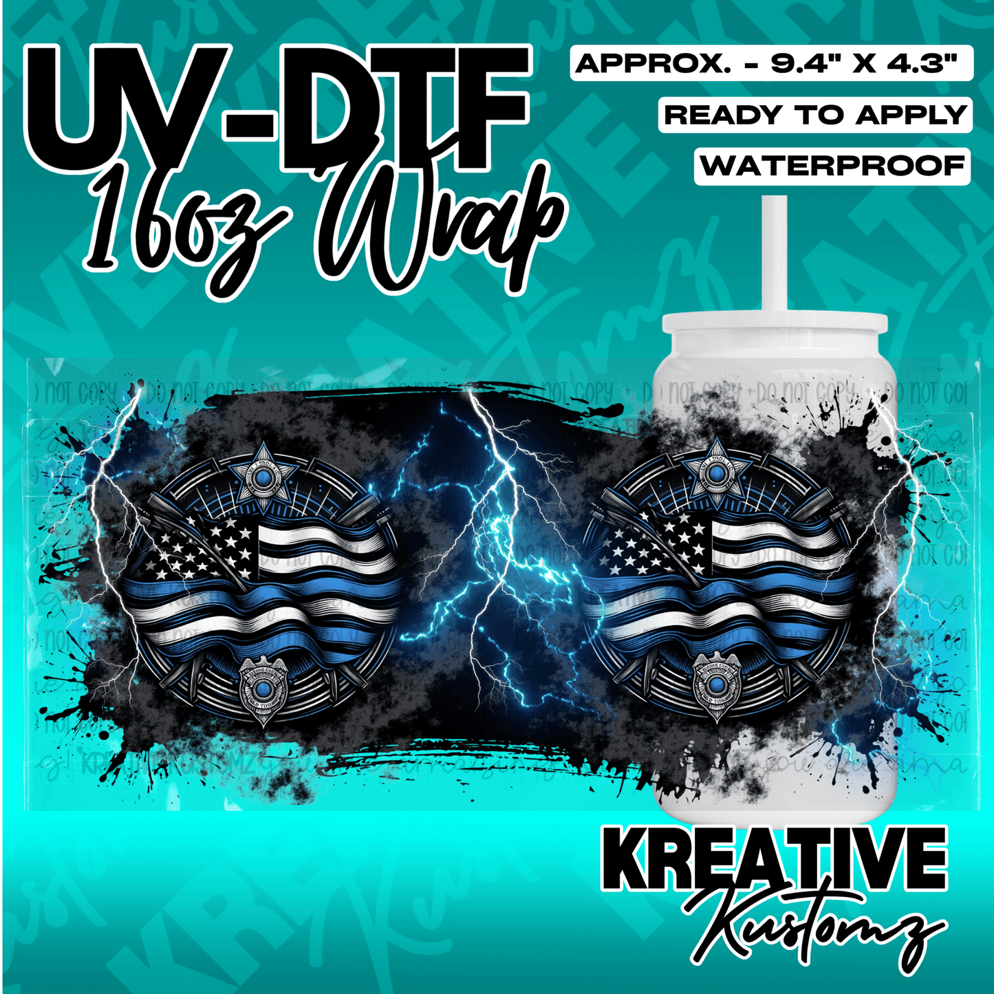 A UV DTF adhesive wrap for 16oz glass cans featuring a blue line flag and lightning design.