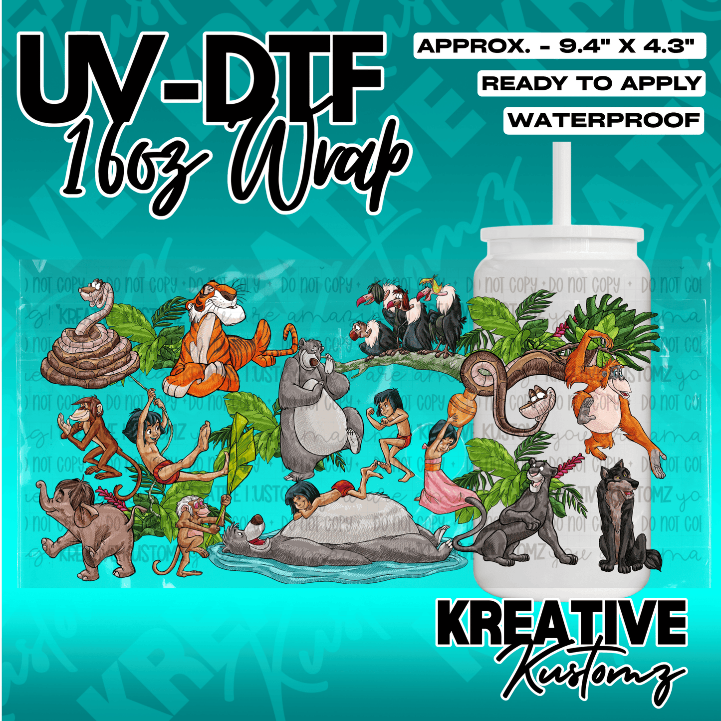 A Jungle Book themed UV DTF adhesive wrap for a 16oz glass cup featuring various characters.