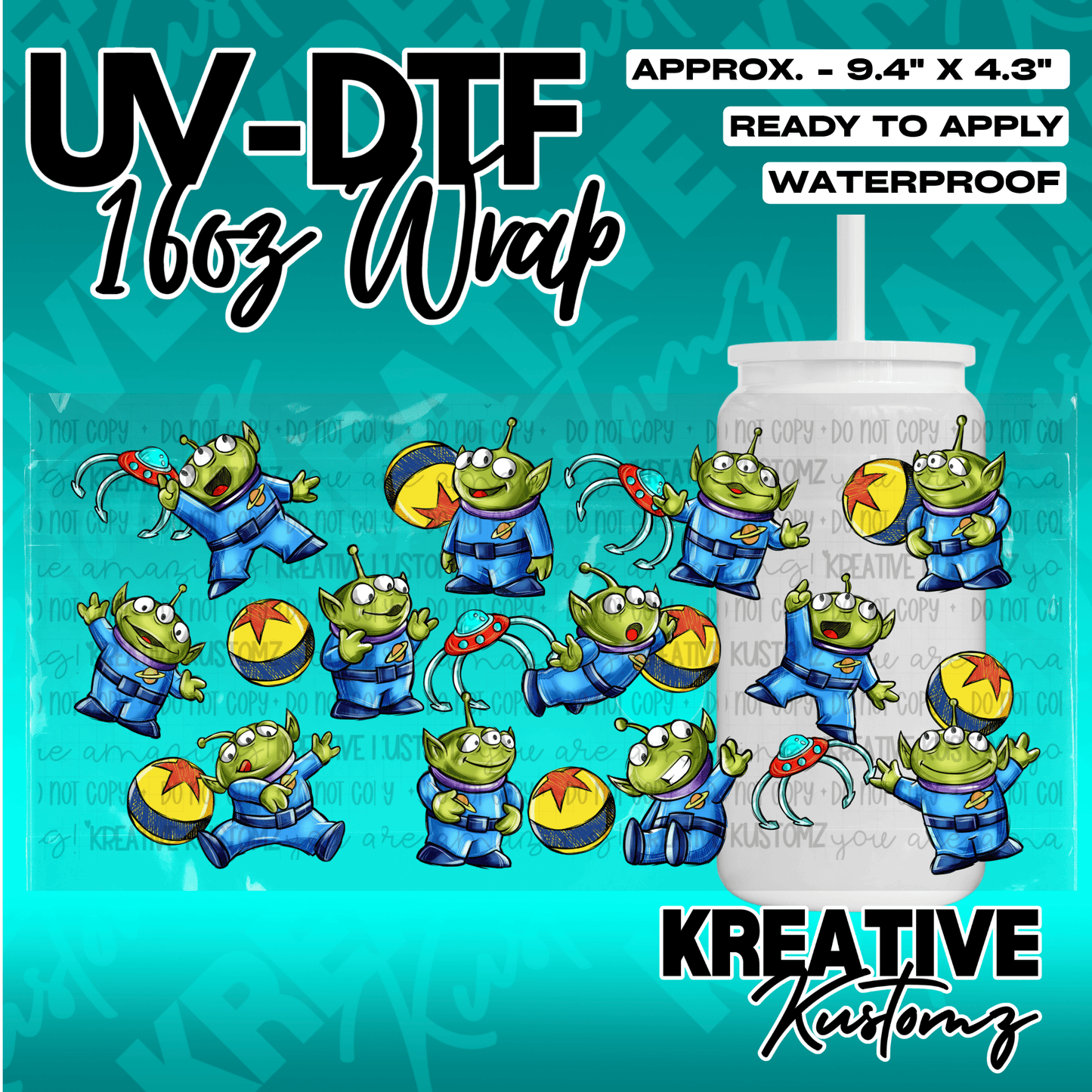 A UV DTF cup wrap featuring a pattern of green three-eyed aliens and balls for 16oz glass cans.