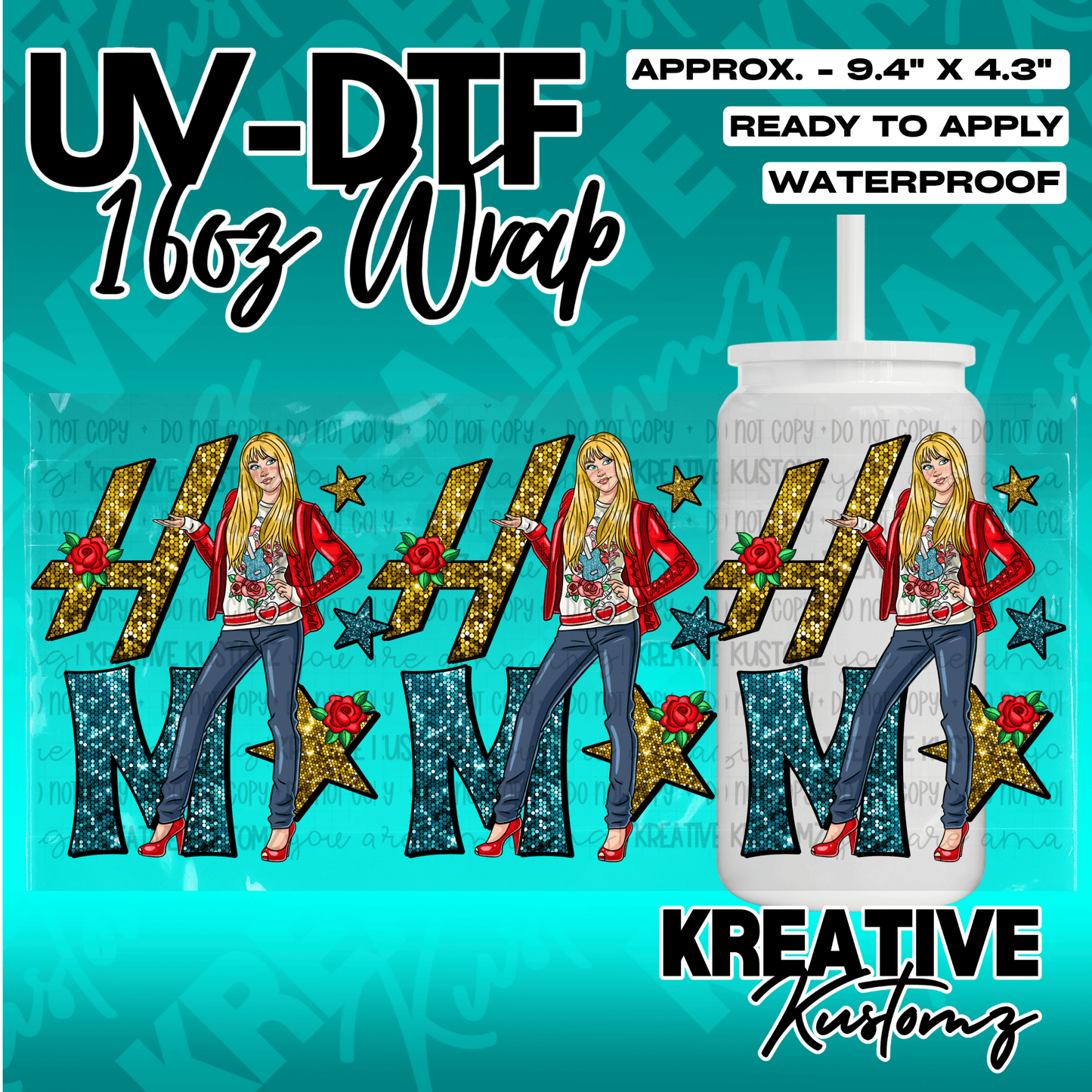 A UV DTF adhesive wrap for 16oz glass cans featuring a repeating Hannah Montana design.