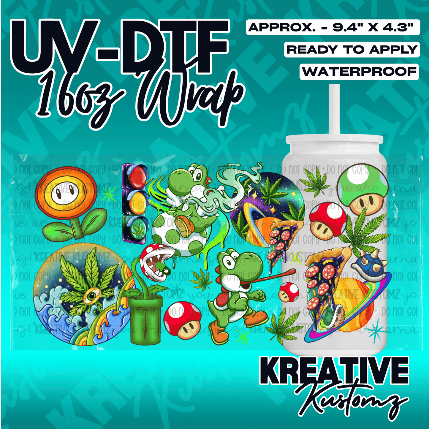 A vibrant UV DTF adhesive wrap for 16oz glass cans featuring colorful Mario-themed illustrations.