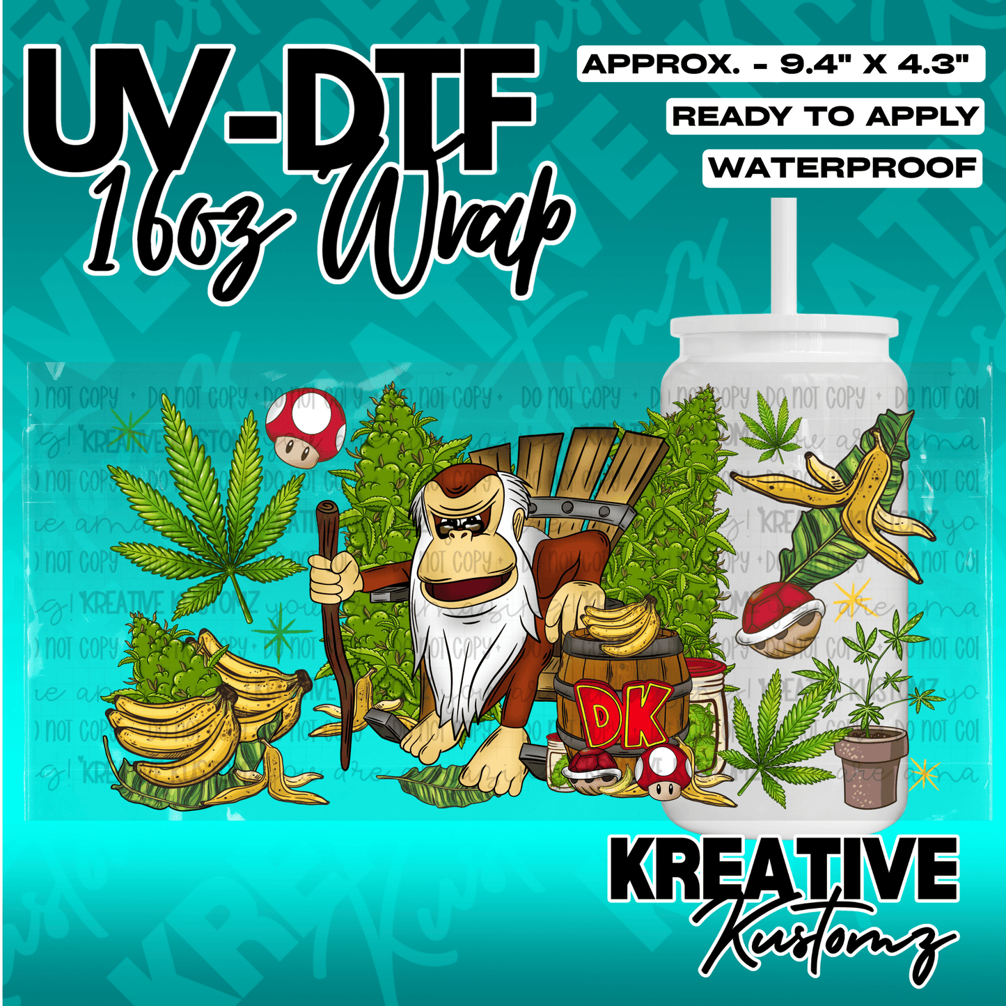A UV DTF adhesive wrap for 16oz glass cans featuring a cartoon ape, bananas, and cannabis leaves.