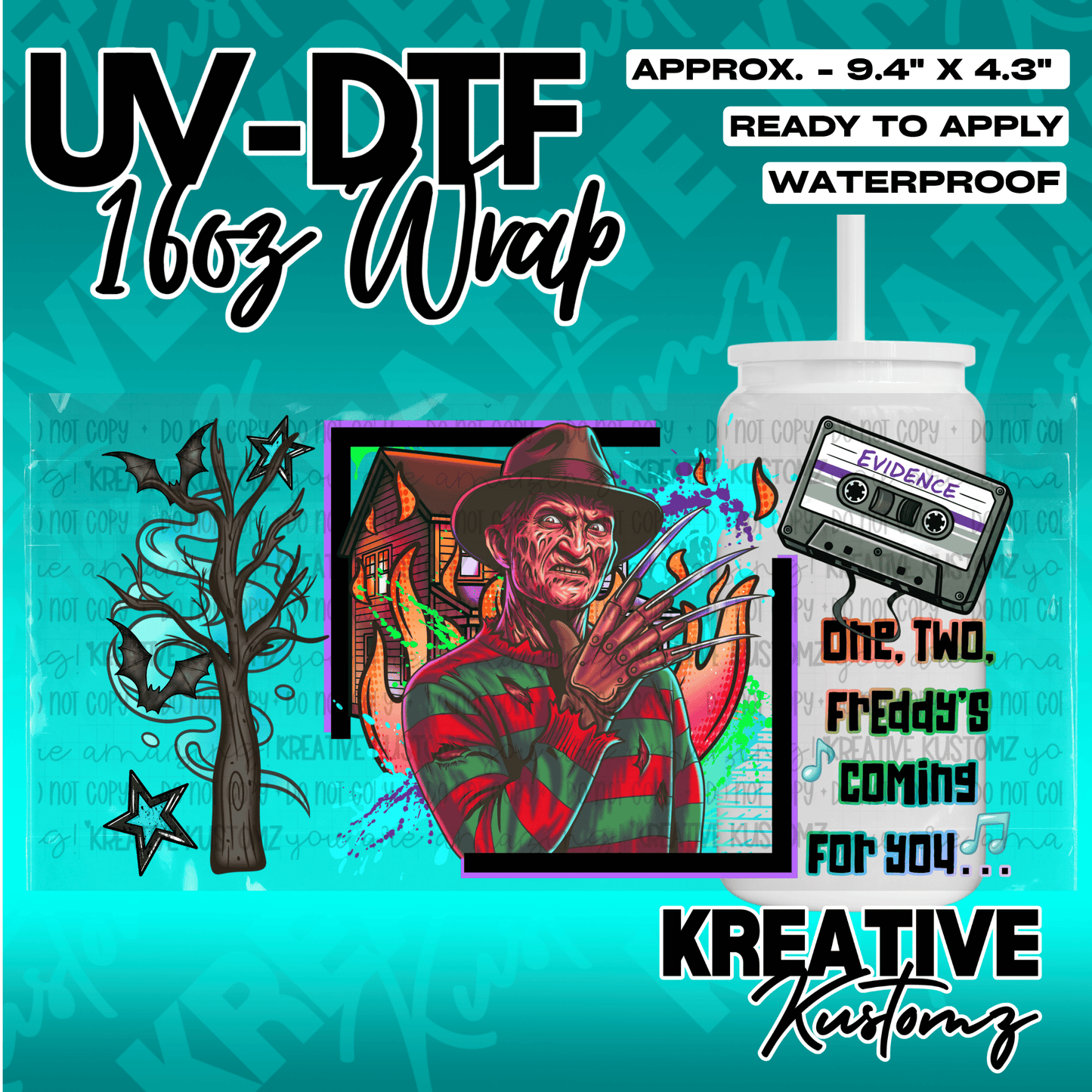 A Freddy Krueger themed UV DTF cup wrap featuring a cassette tape and spooky tree design.