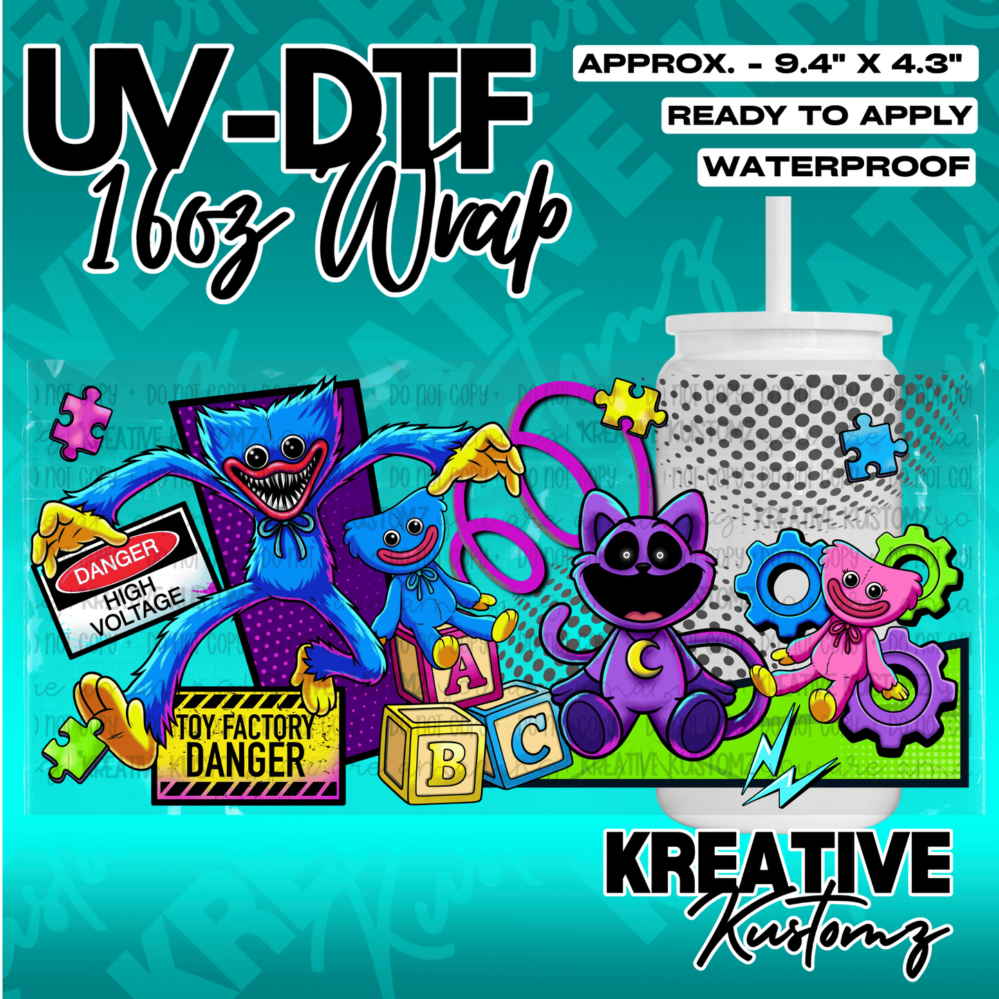 A vibrant UV DTF wrap for a 16oz glass cup featuring colorful cartoon monster characters.