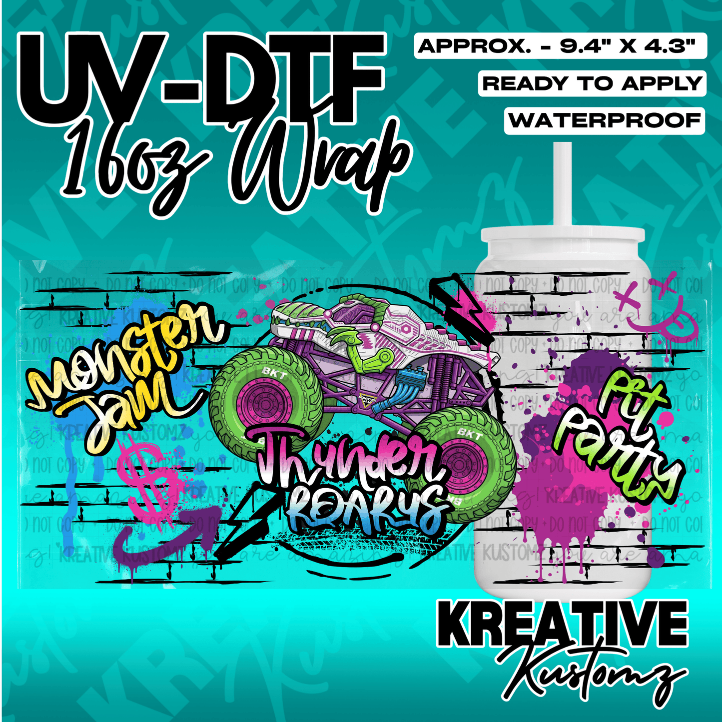 A Monster Jam themed UV DTF adhesive wrap for a 16oz glass can featuring a monster truck design.