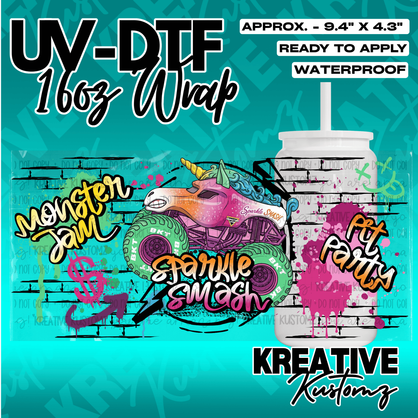 A UV DTF adhesive wrap featuring a Sparkle Smash monster truck design for a 16oz glass cup.