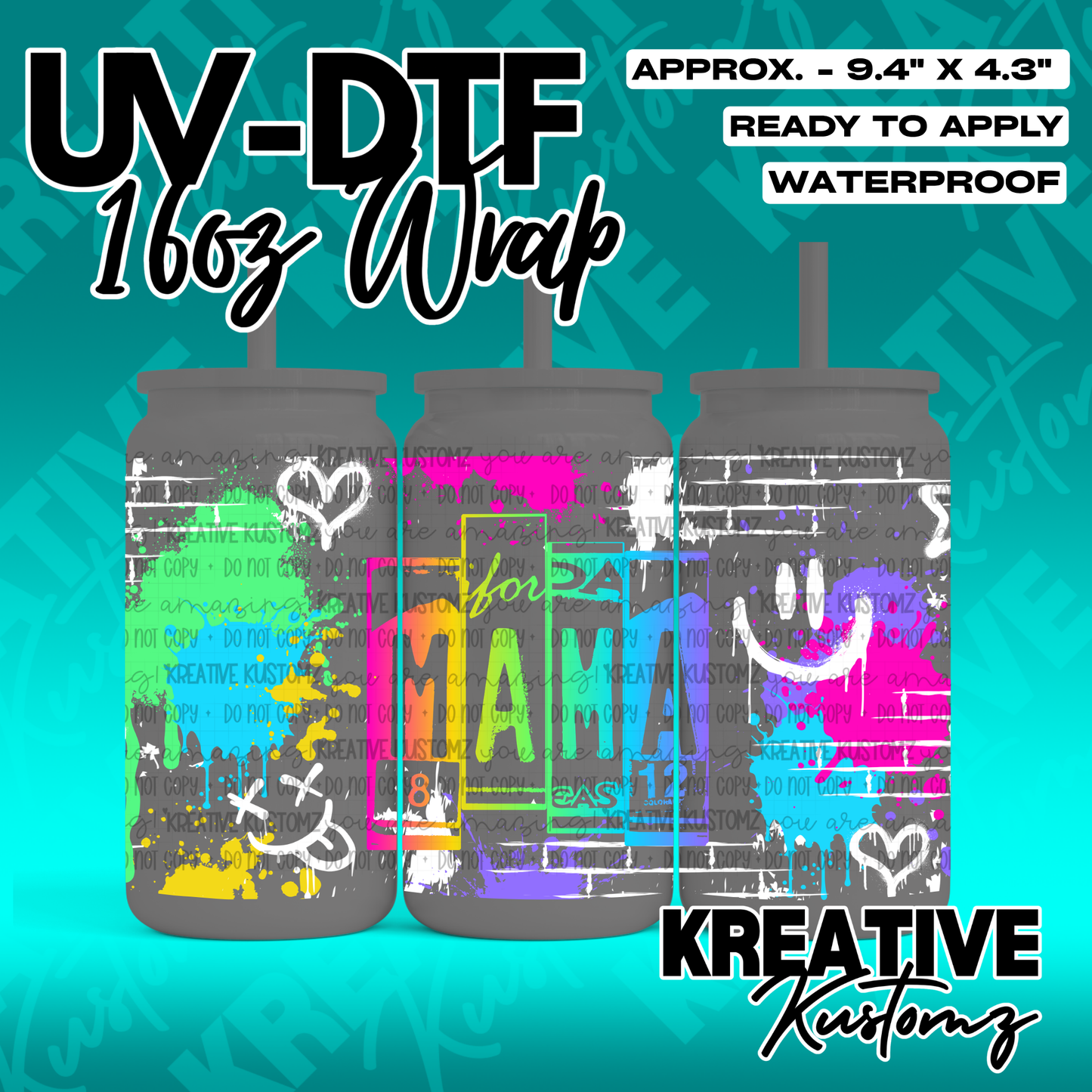 A colorful UV DTF adhesive wrap for 16oz glass cans featuring a Mama design with graffiti art.