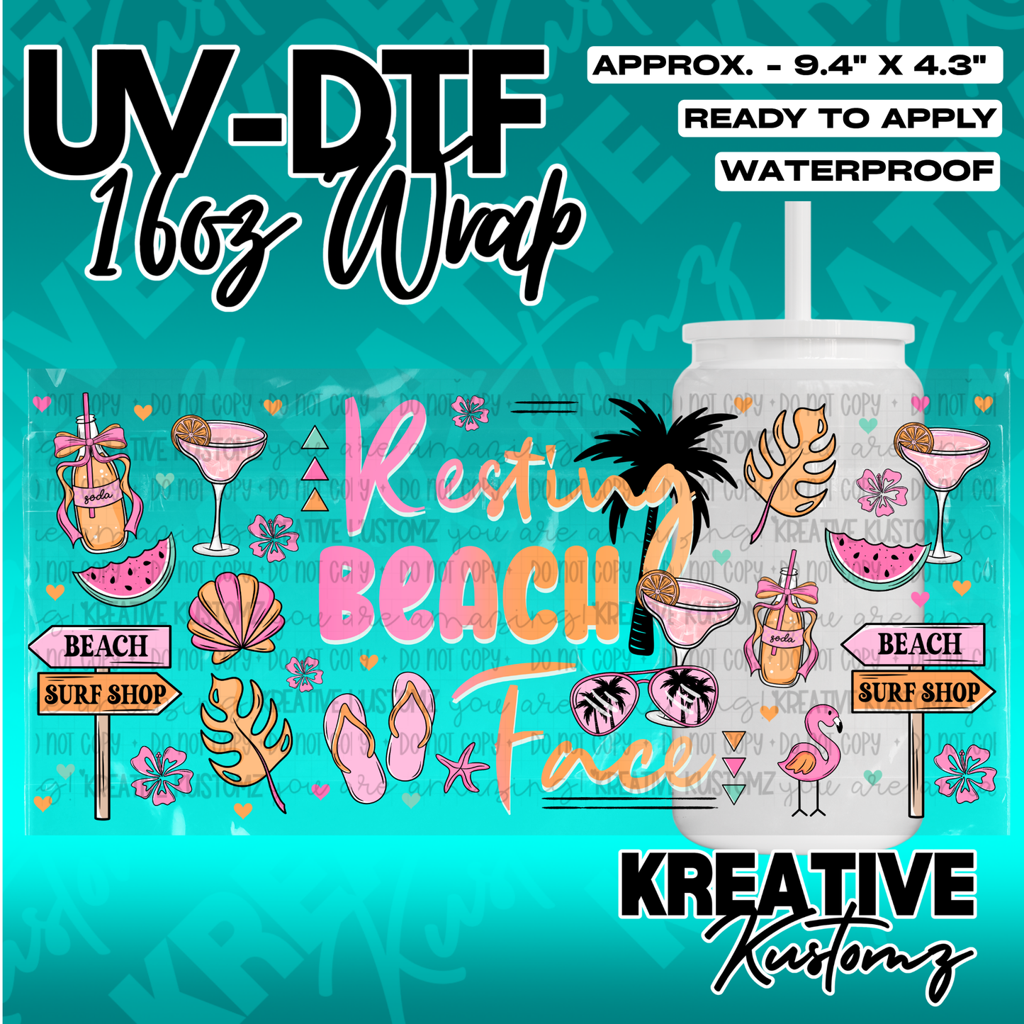 A beach-themed UV DTF adhesive wrap for a 16oz glass cup featuring tropical icons and text.