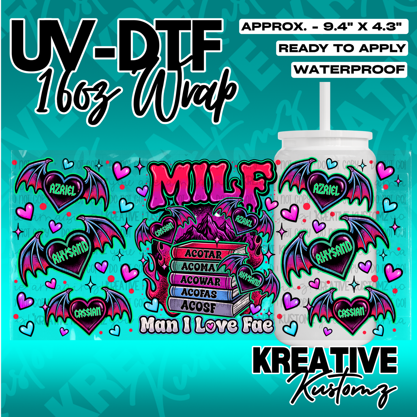 A UV DTF cup wrap featuring ACOTAR book themes, bat-winged hearts, and colorful text.