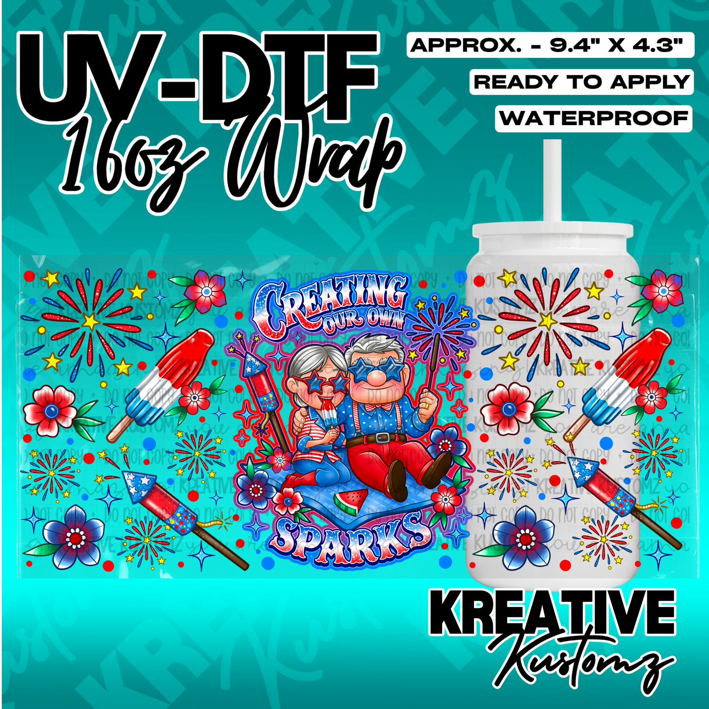 A patriotic cup wrap featuring an elderly couple with fireworks and flowers on a teal background.