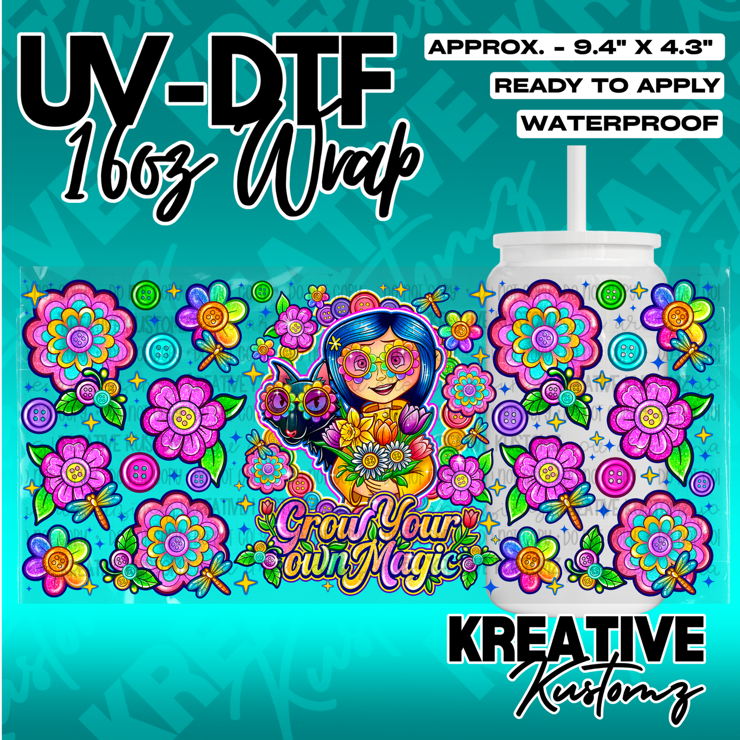 A colorful UV DTF cup wrap featuring a cartoon girl, a black cat, and vibrant floral button designs.