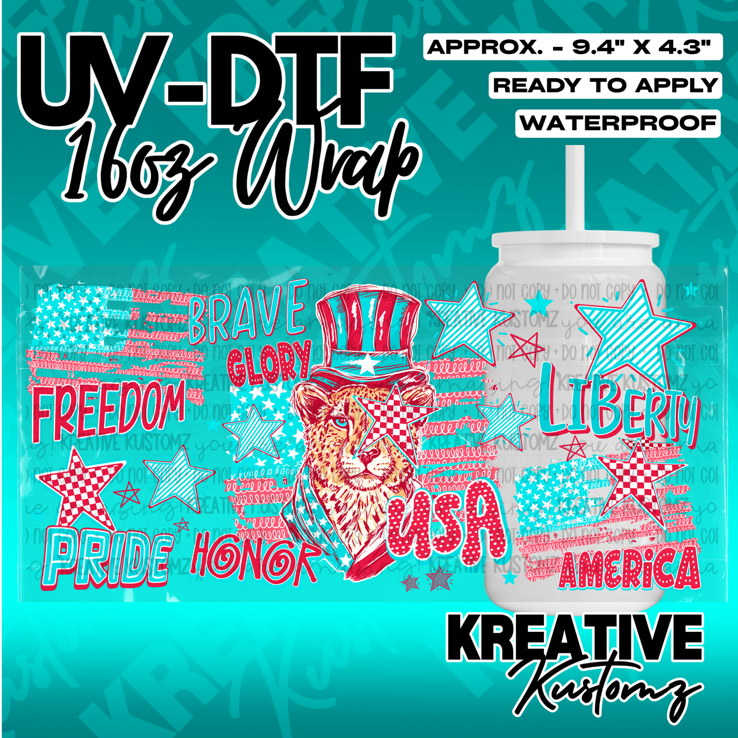 A patriotic UV DTF cup wrap featuring a lion in a top hat with stars and American themed text.