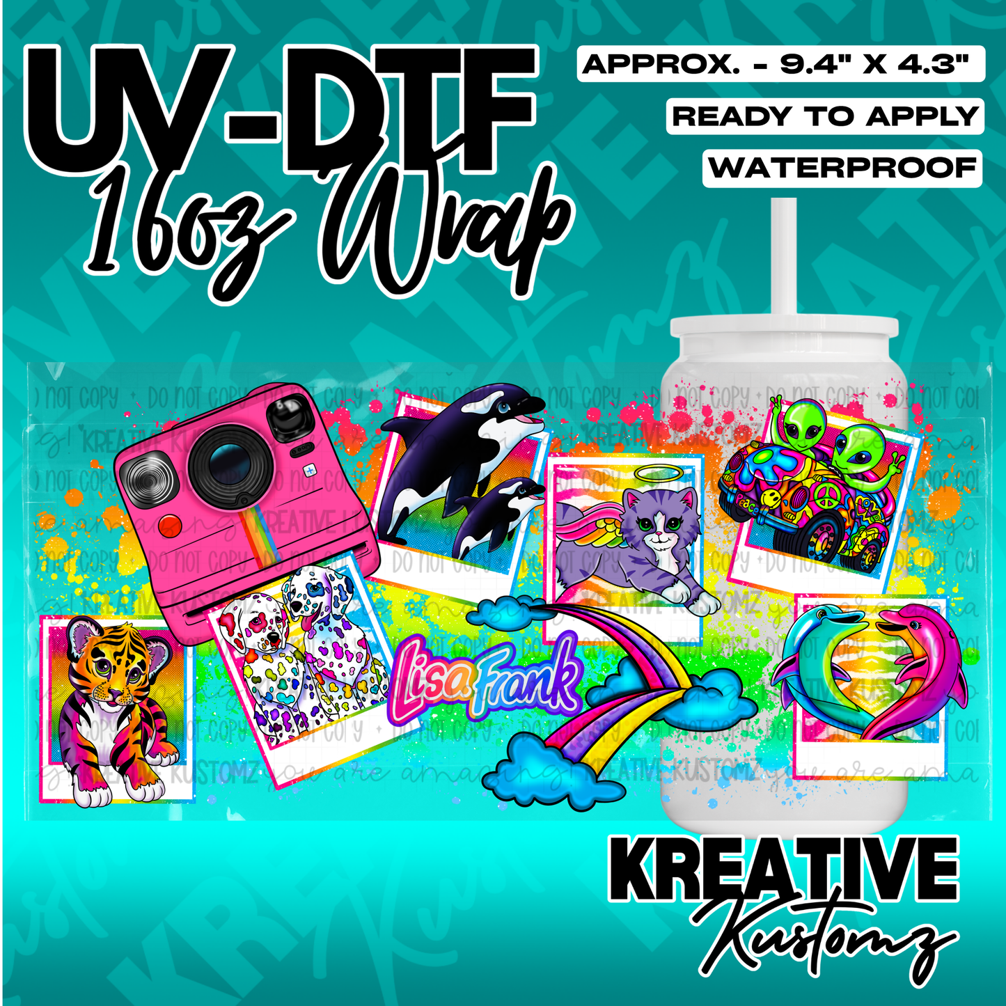 A colorful UV DTF cup wrap featuring Lisa Frank style animals and icons for 16oz glass cans.
