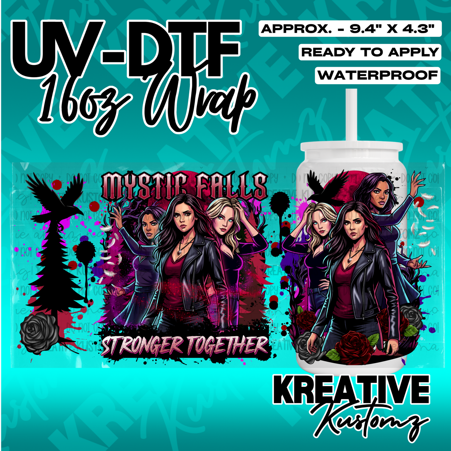A UV DTF cup wrap featuring characters from The Vampire Diaries with the text Mystic Falls.
