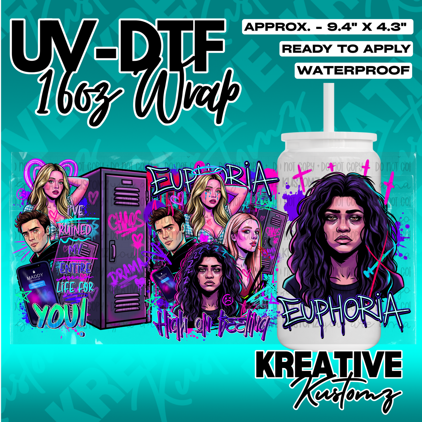 A vibrant UV DTF wrap for a 16oz glass cup featuring Euphoria-themed character illustrations.