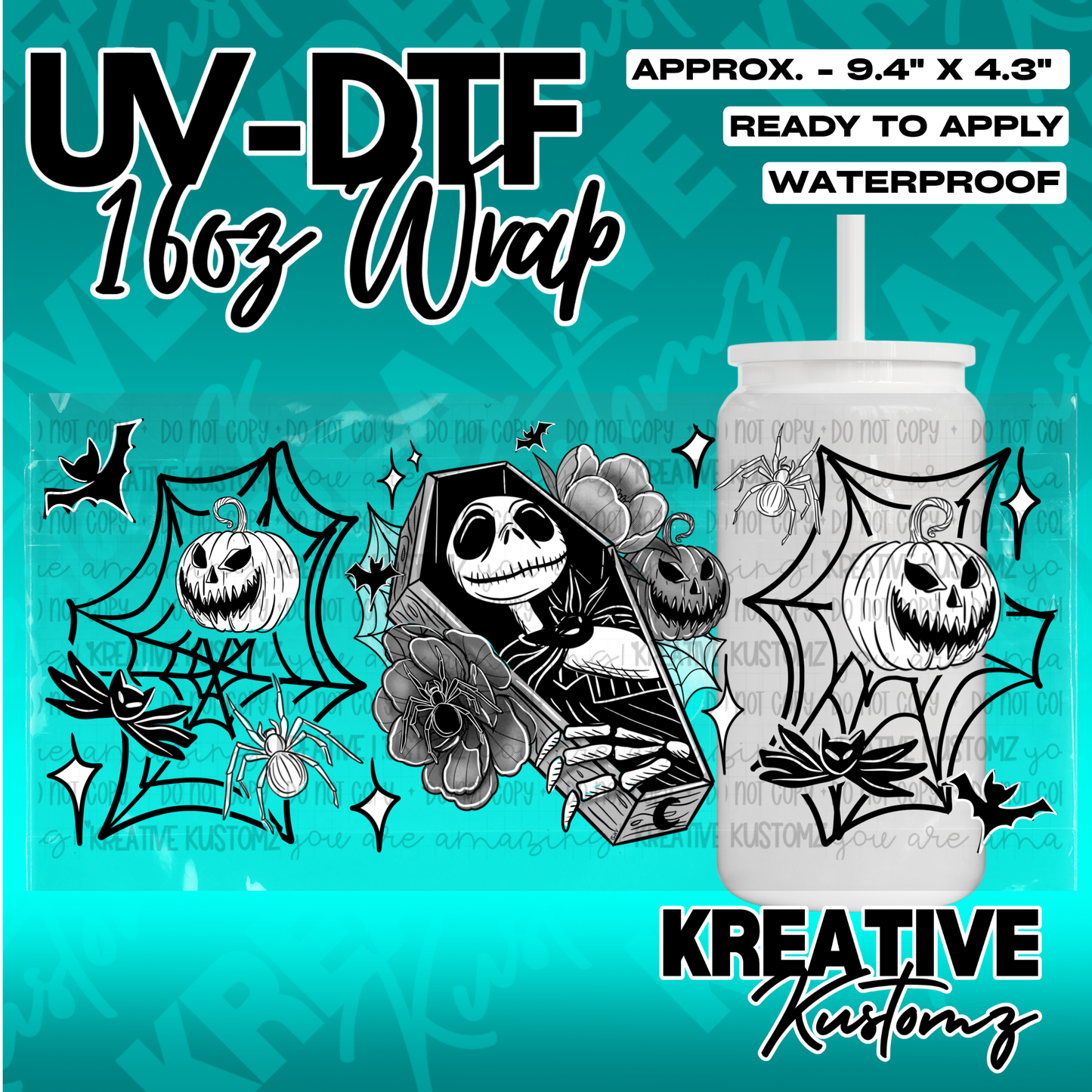 A black and white Halloween themed UV DTF cup wrap featuring Jack Skellington in a coffin.