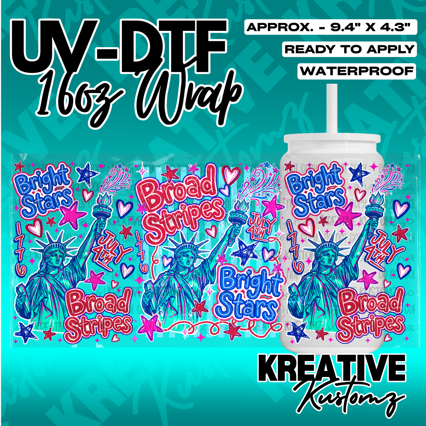 A patriotic Statue of Liberty UV DTF adhesive wrap for a 16oz glass cup.