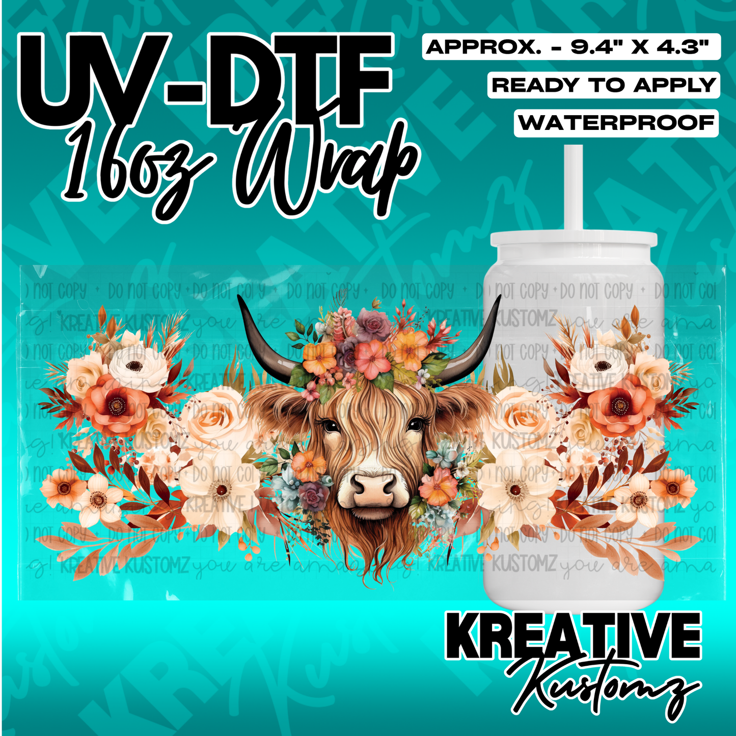A floral highland cow UV DTF adhesive wrap for a 16oz glass cup.