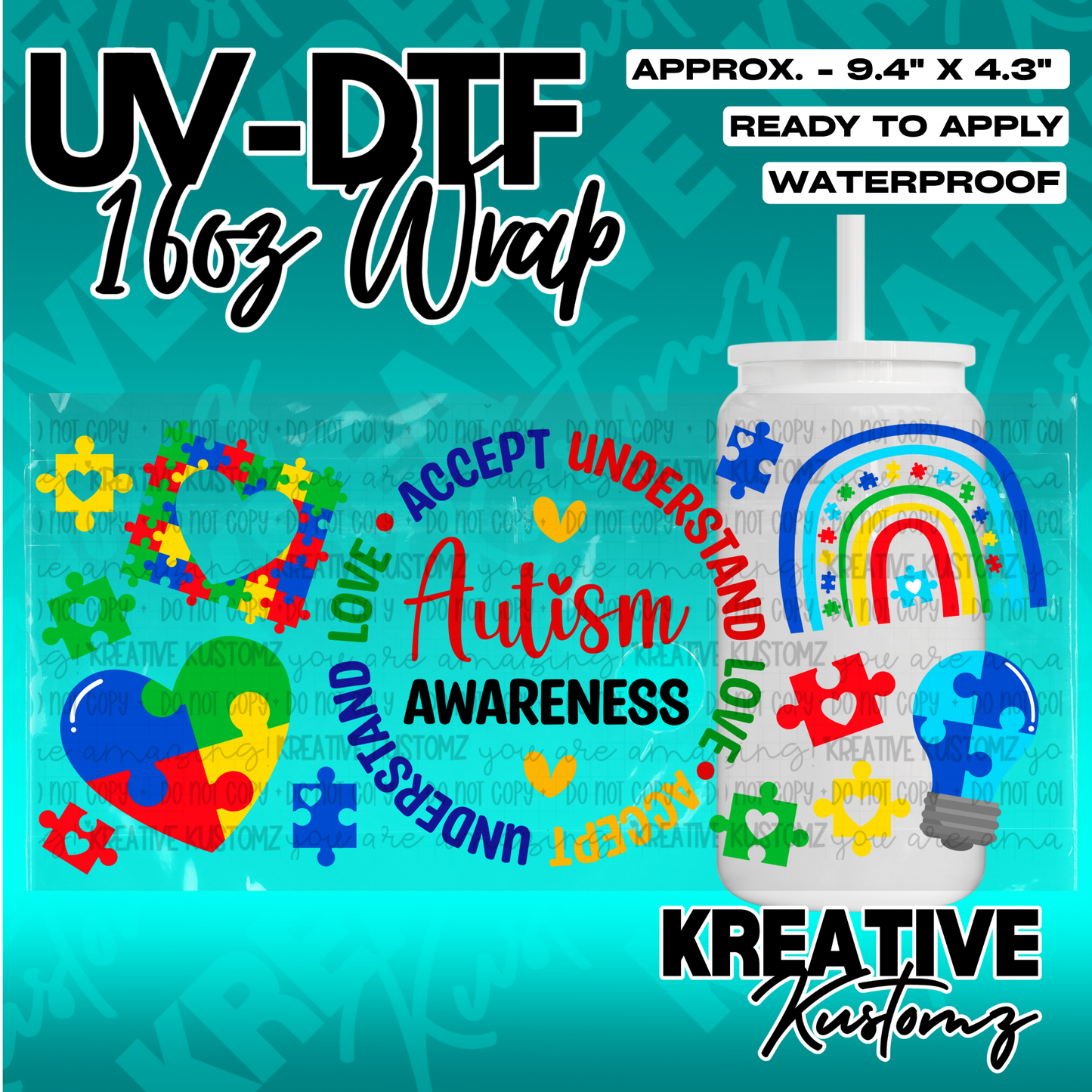 A colorful autism awareness UV DTF cup wrap featuring puzzle pieces, hearts, and a rainbow.