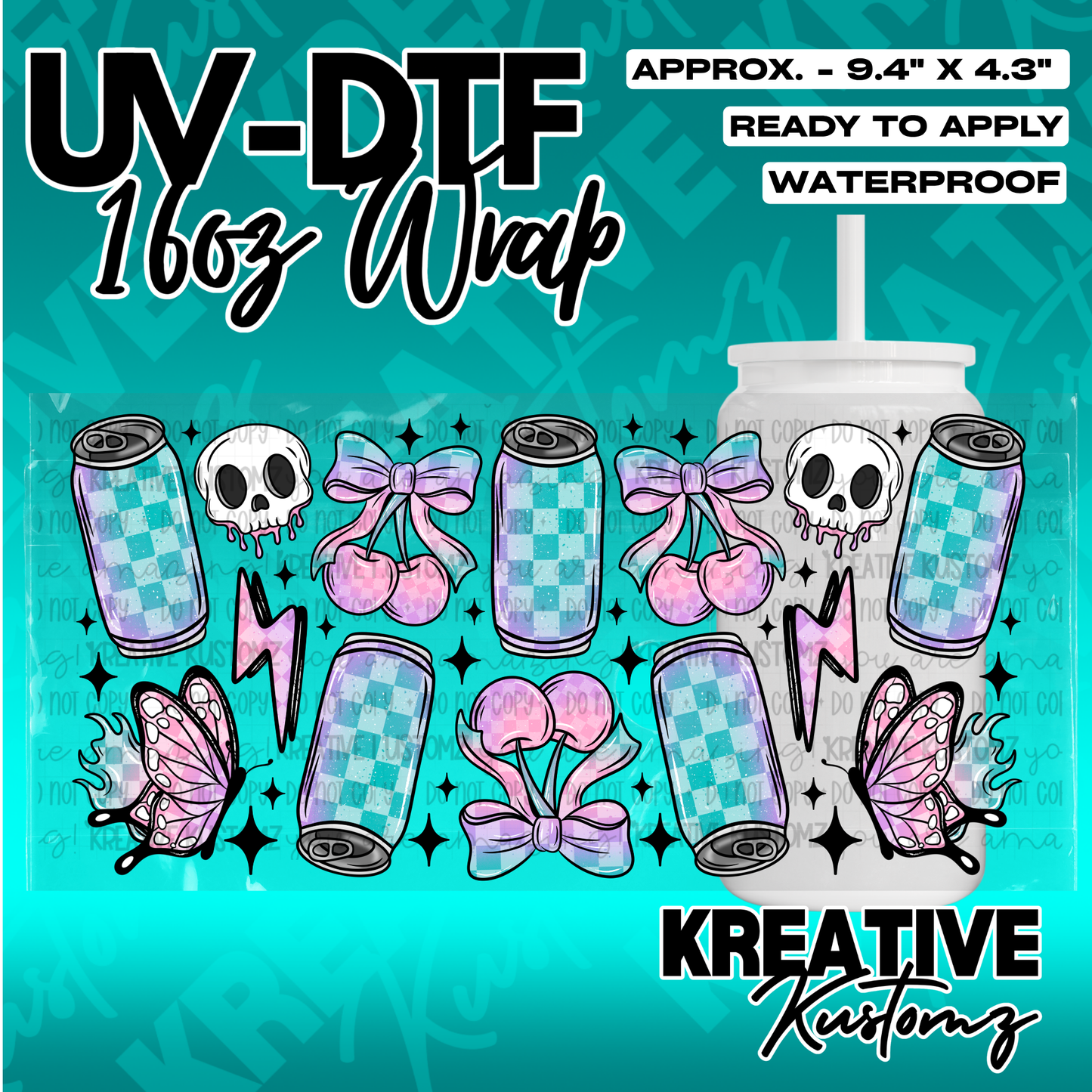 A UV DTF cup wrap featuring a pattern of skulls, cherries, butterflies, and checkered soda cans.