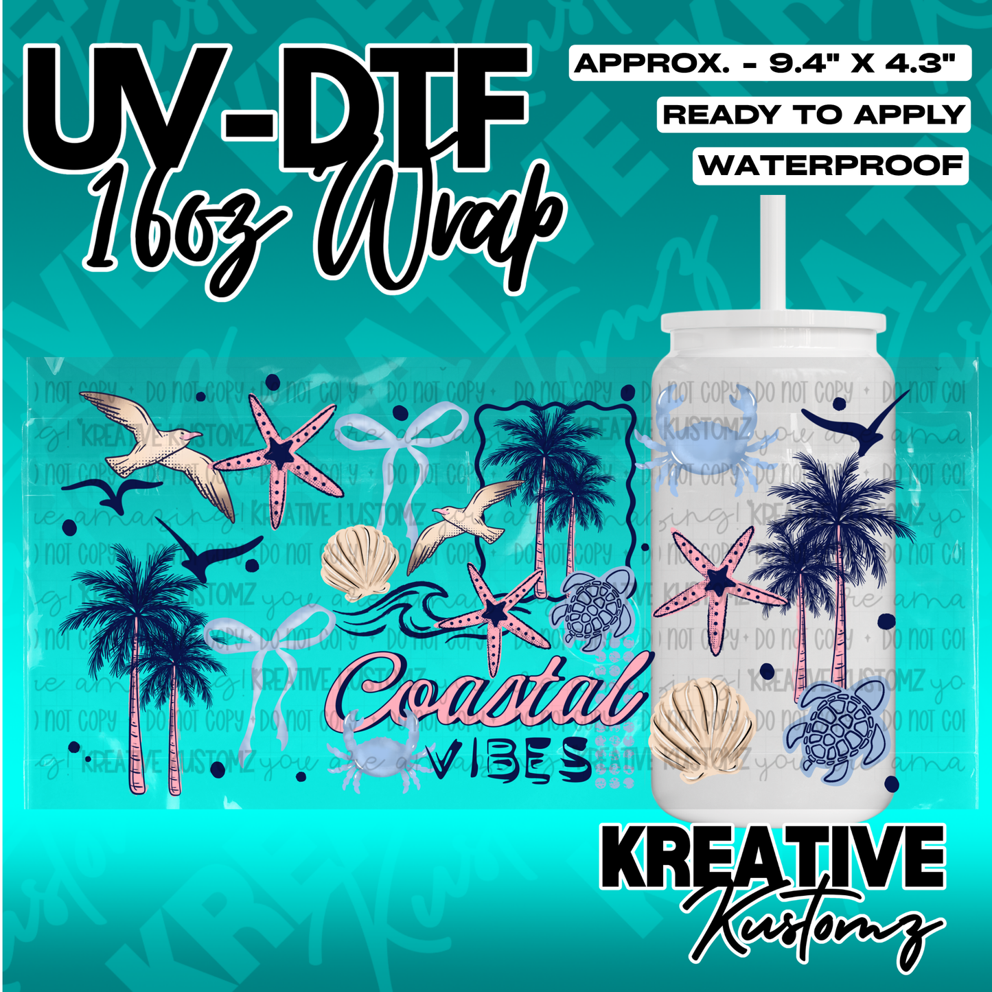 A coastal themed UV DTF adhesive wrap for 16oz glass cans featuring palm trees and sea life.