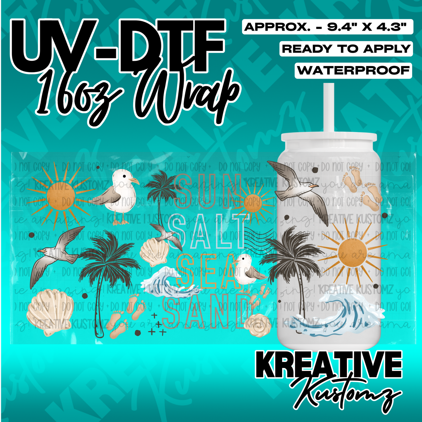 A tropical beach themed adhesive wrap for a 16 ounce glass cup featuring sun, palm, and sea motifs.