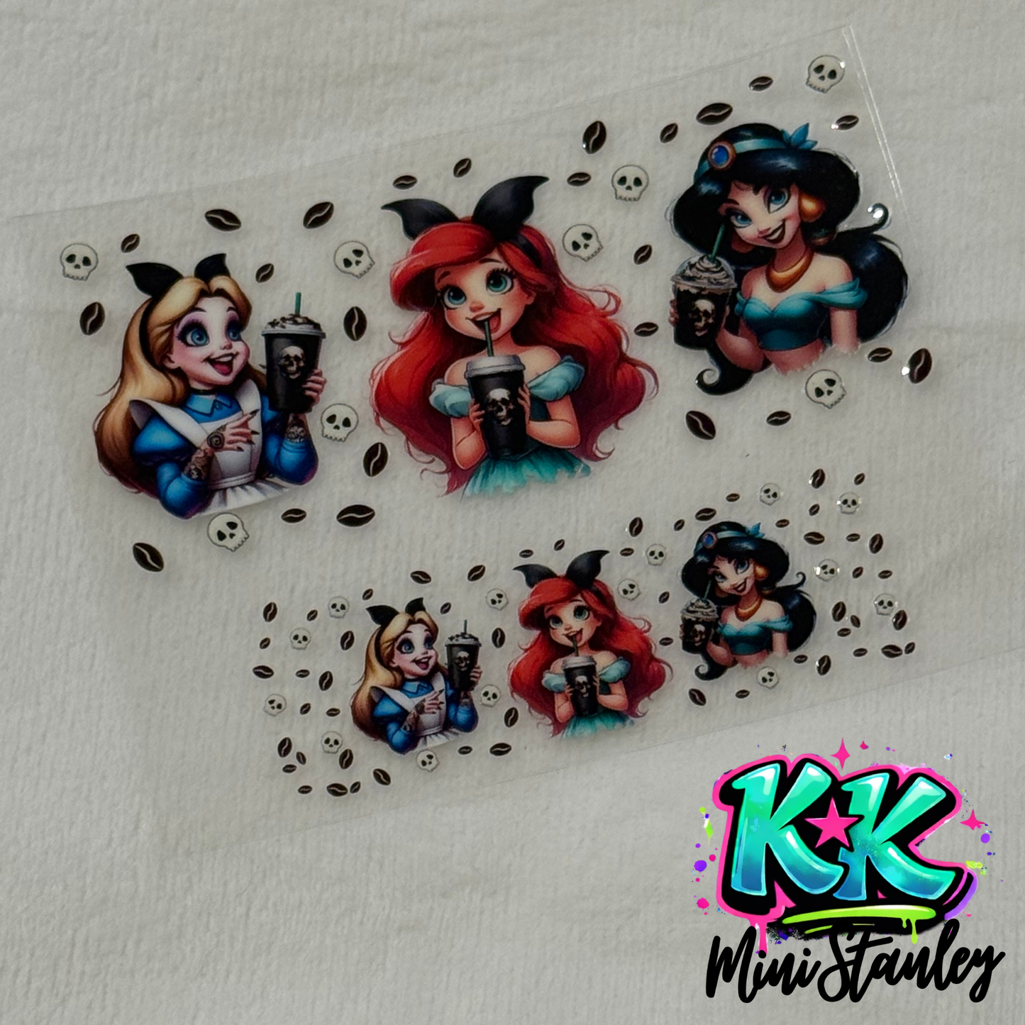 A UV DTF adhesive decal sheet featuring cartoon princesses with coffee cups and skull accents.