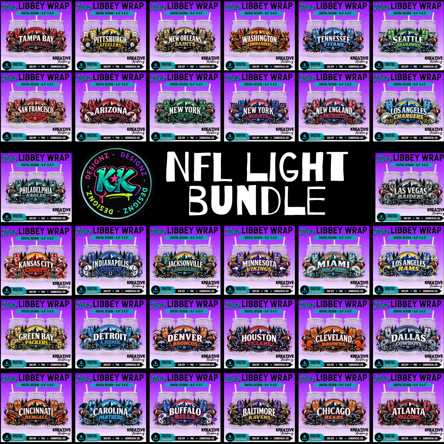 NFL Light Label | 16oz Libbey Glass Can Wrap PNG - Digital Download Bundle