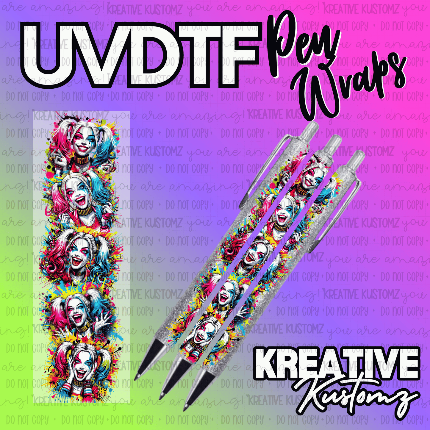 A UV DTF adhesive pen wrap featuring a repeating Harley Quinn design on a colorful paint splatter.