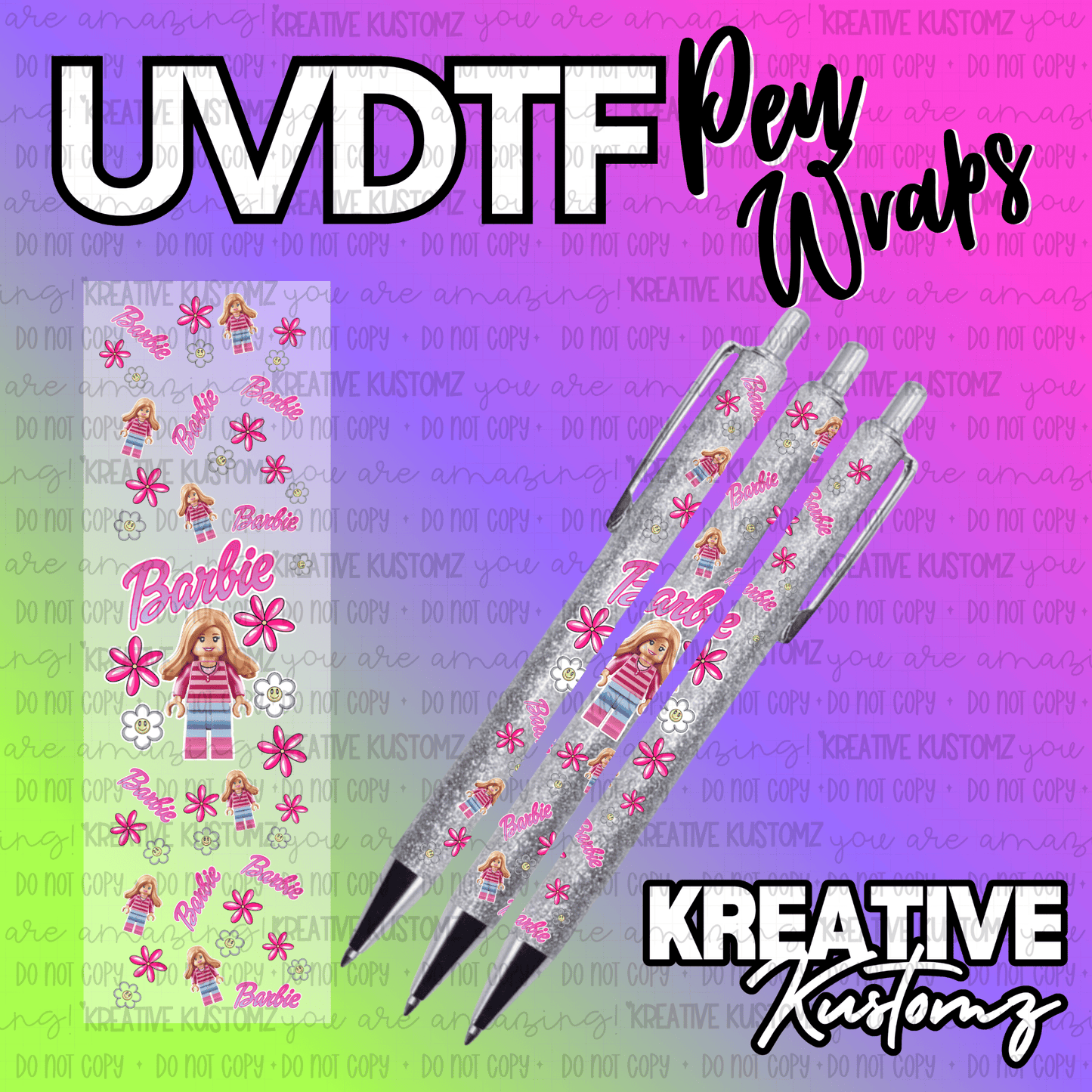 A Barbie themed UV DTF adhesive pen wrap featuring doll figures and flowers on a glittery pen.