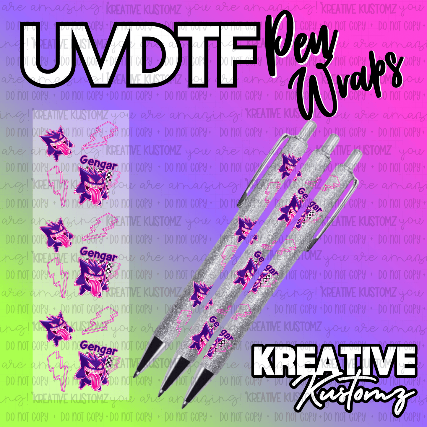 A sheet of Gengar themed UV DTF adhesive pen wraps displayed next to three decorated pens.