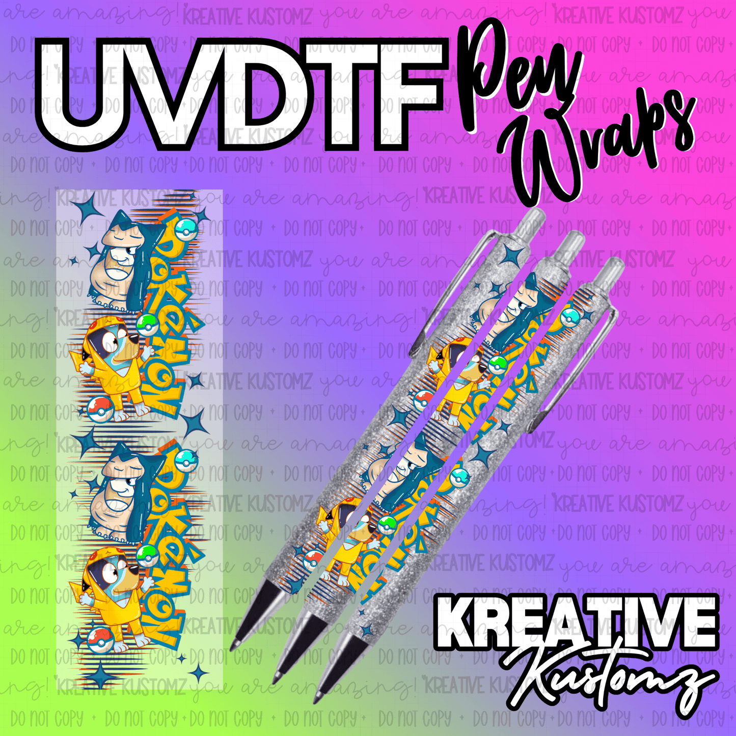 A Bluey and Pokemon themed UV DTF adhesive pen wrap shown on glitter pens.