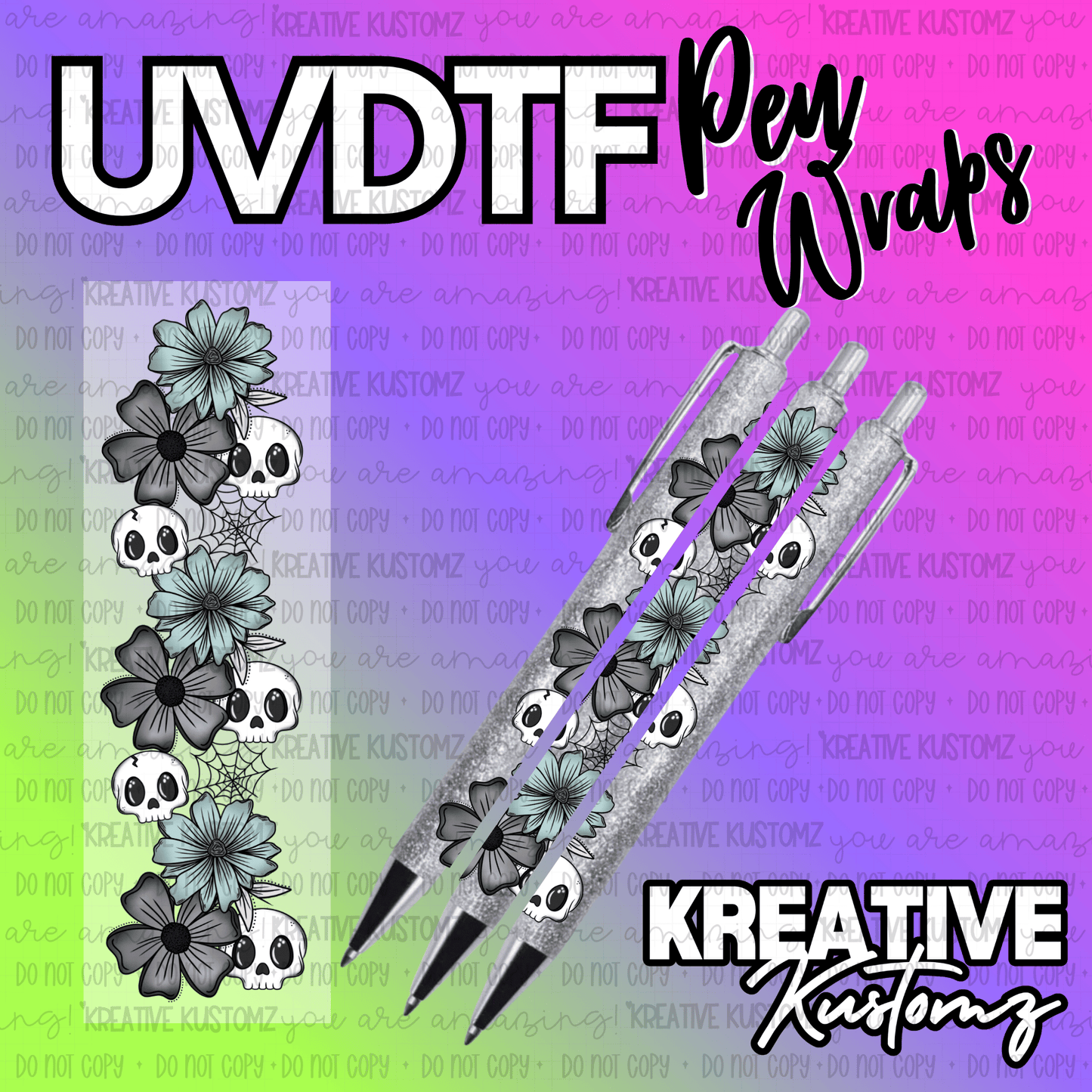 A UV DTF adhesive pen wrap featuring a pattern of skulls and flowers on a glittery pen.