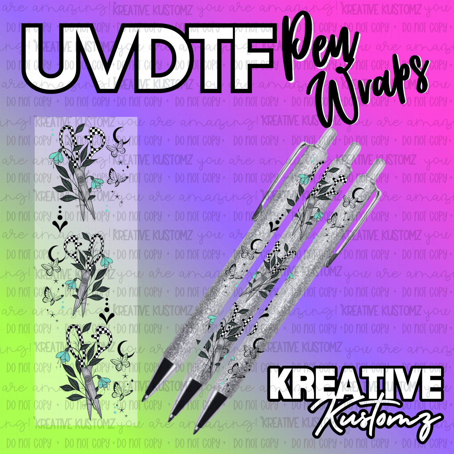 A UV DTF adhesive pen wrap featuring a black and white scissor design with teal floral accents.