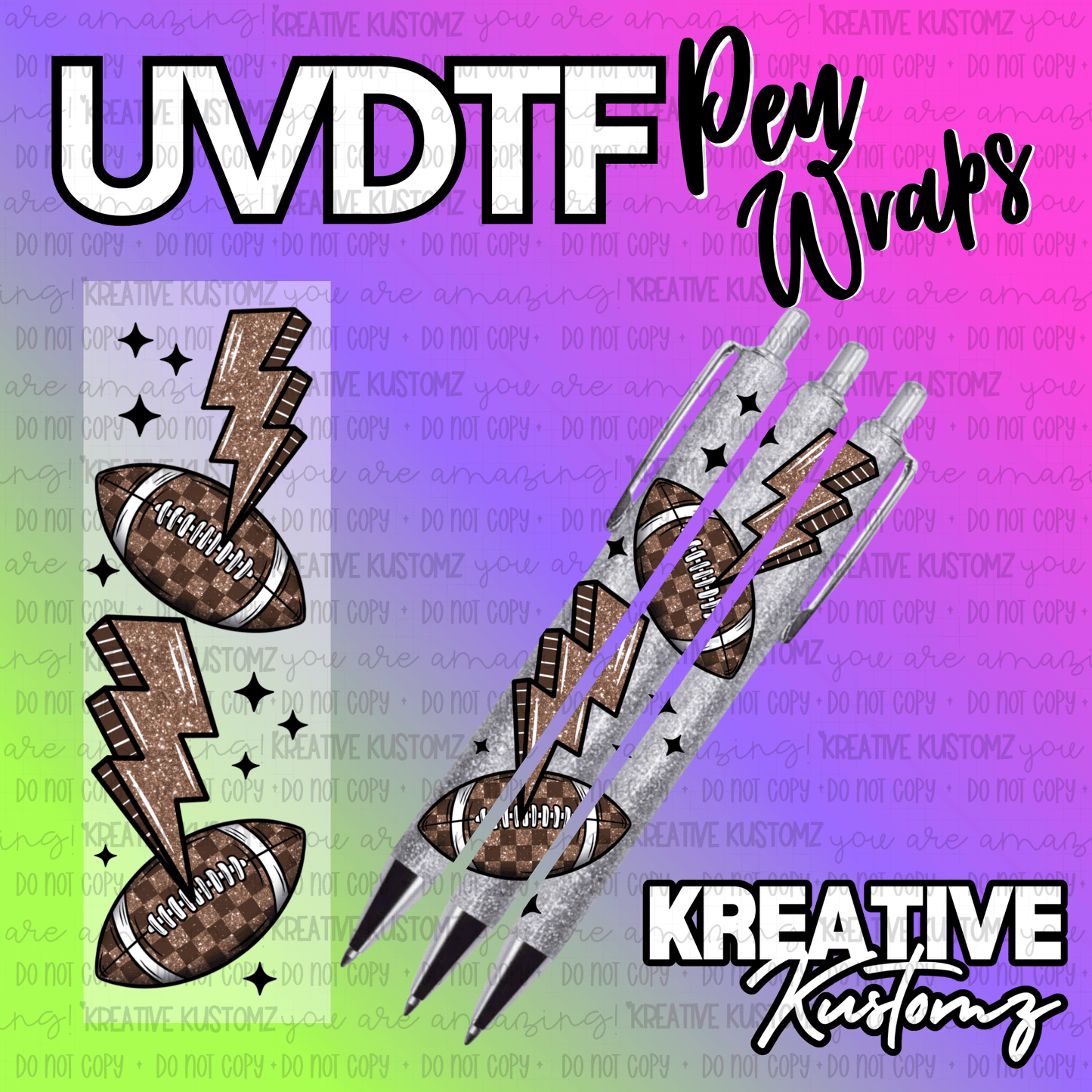 A UV DTF adhesive pen wrap featuring a brown checkered football and lightning bolt design.