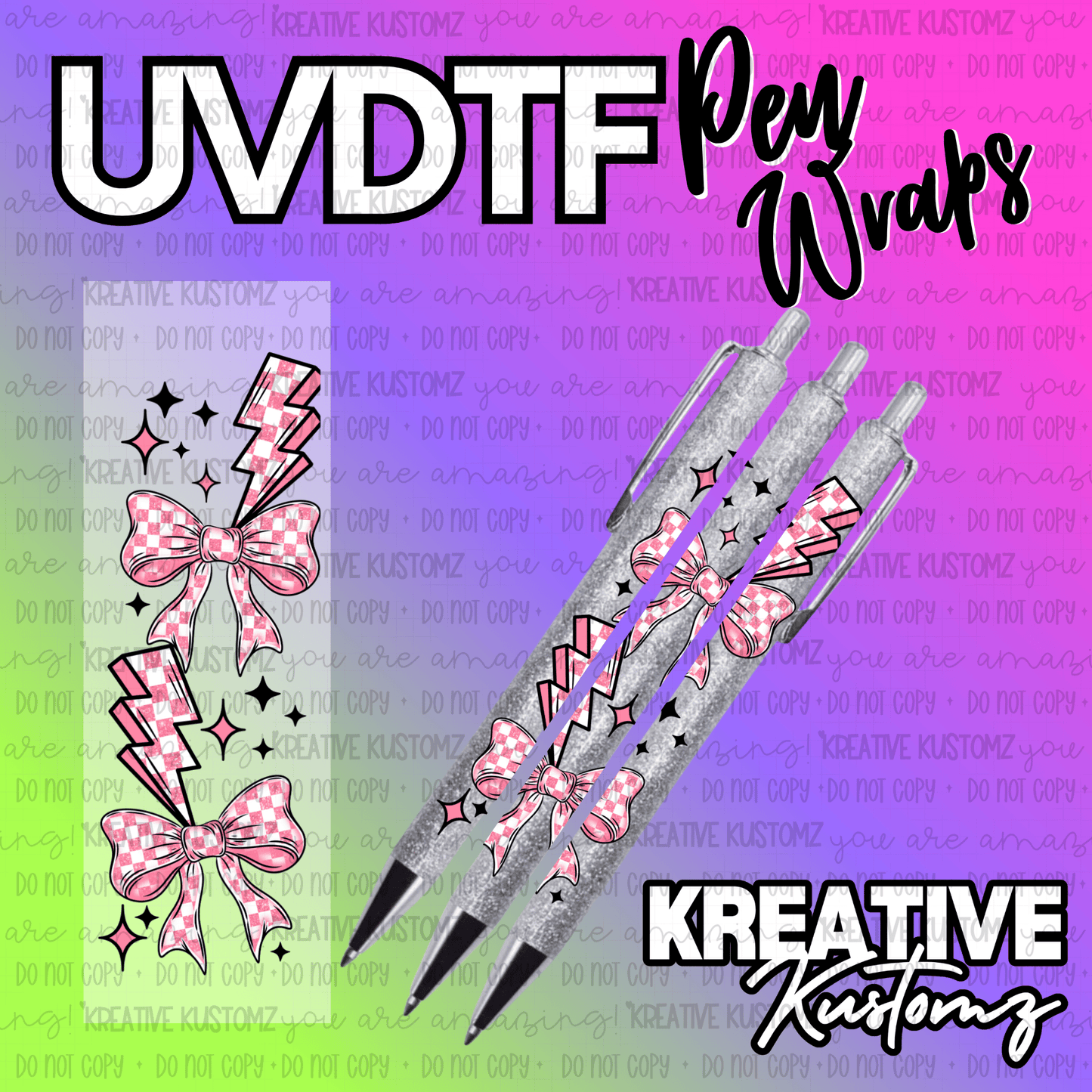 A floral UV DTF adhesive pen wrap featuring pink checkered bows and lightning bolt designs.