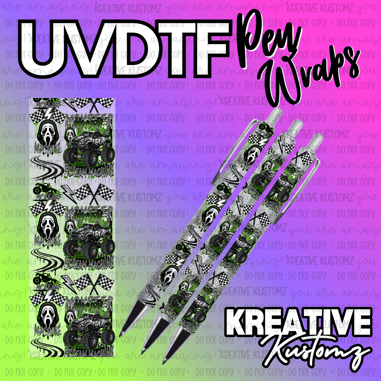 A UV DTF pen wrap featuring a monster truck and ghost mask design on a glittery background.