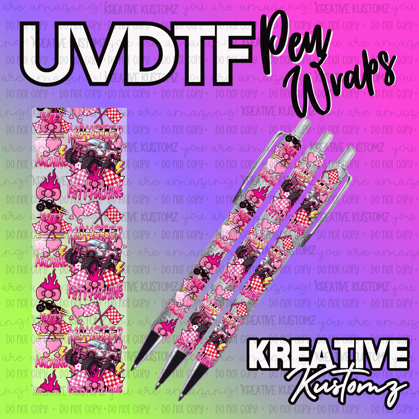 A pink monster truck themed UV DTF adhesive pen wrap decal with a checkered flag design.