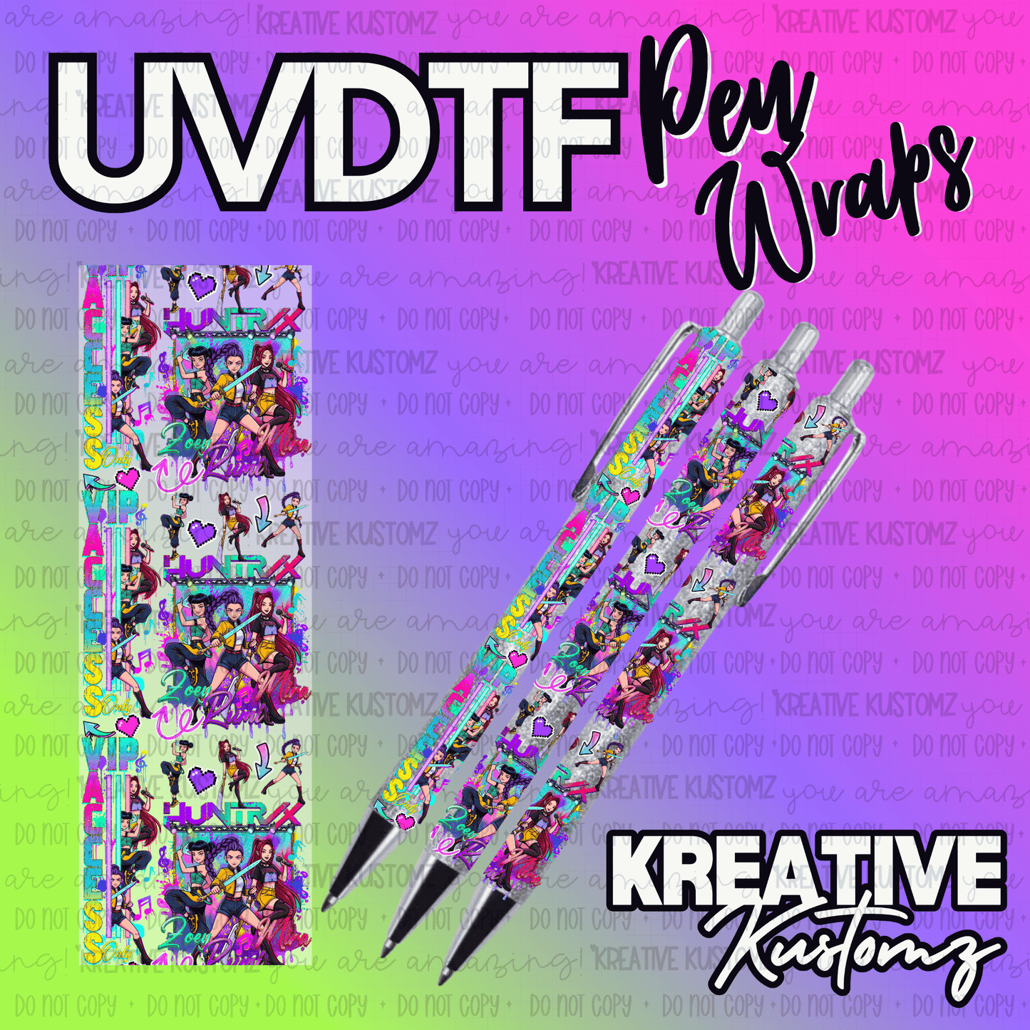 A UV DTF adhesive pen wrap featuring a colorful pop star design with musical motifs.