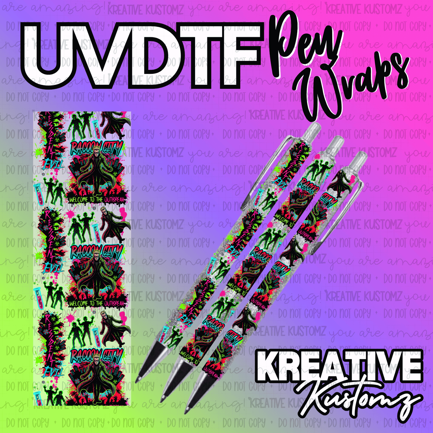 A Resident Evil themed UV DTF adhesive pen wrap featuring zombies and Raccoon City graphics.