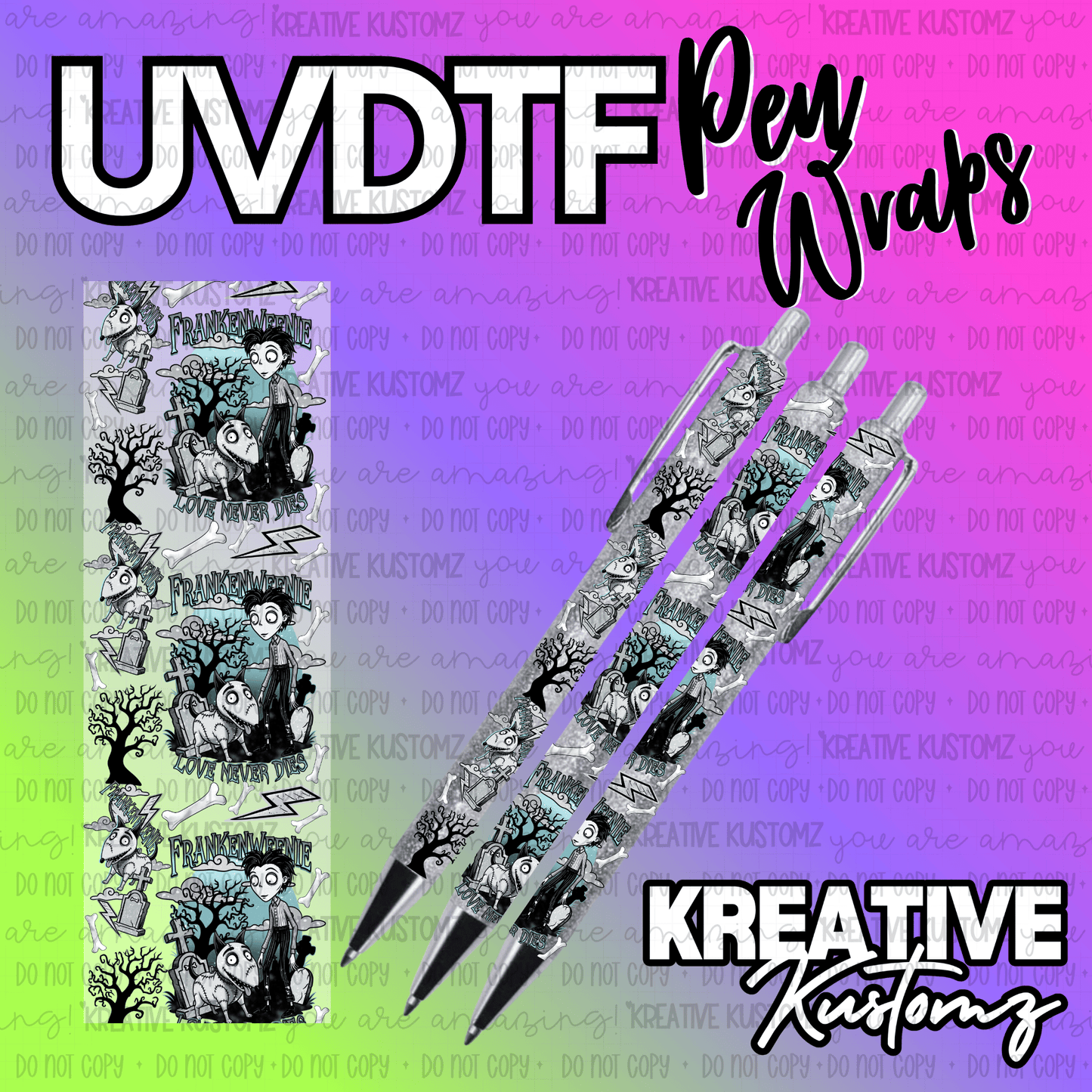 A Frankenweenie themed UV DTF adhesive pen wrap featuring Victor and Sparky designs.
