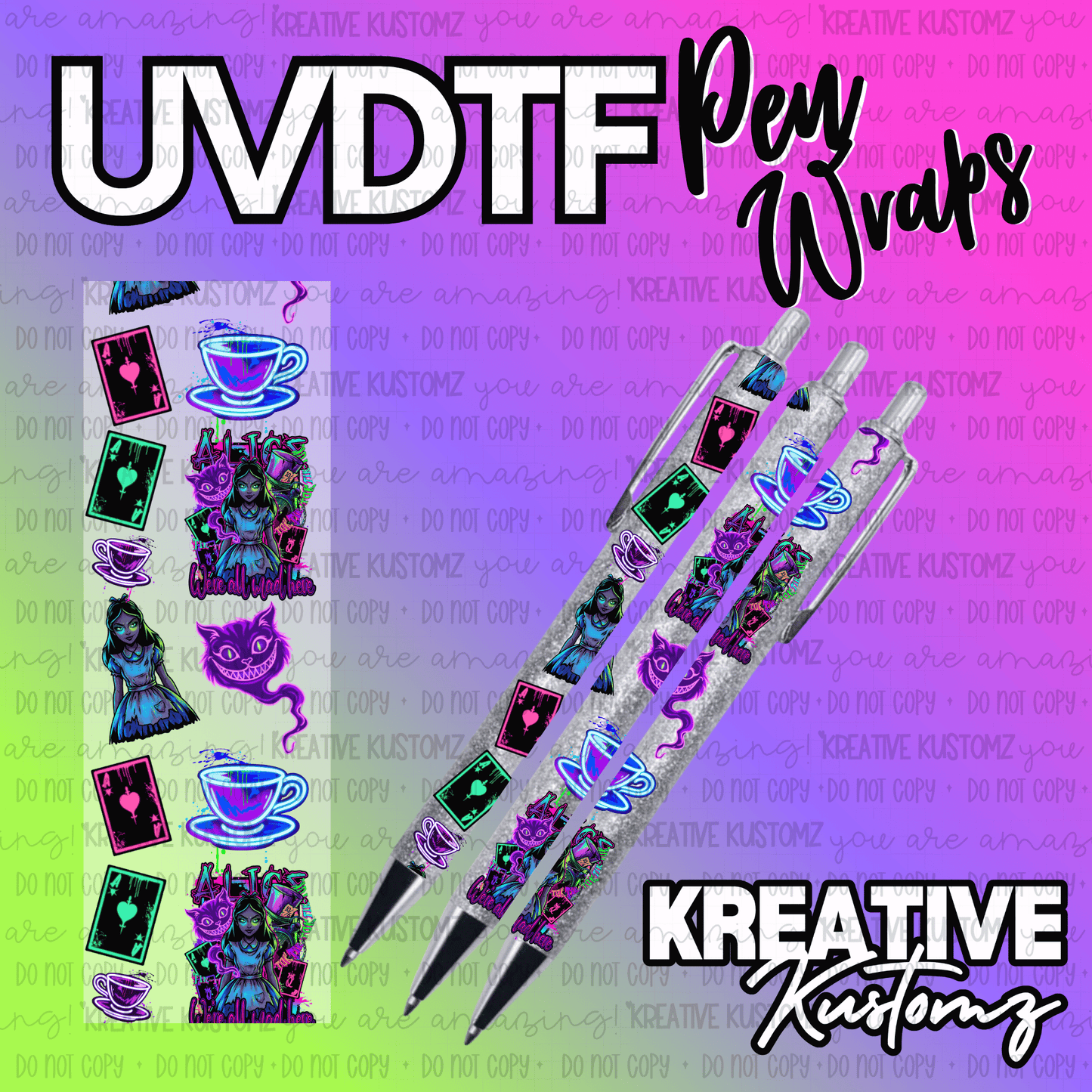 An Alice in Wonderland themed UV DTF adhesive pen wrap featuring characters and playing cards.