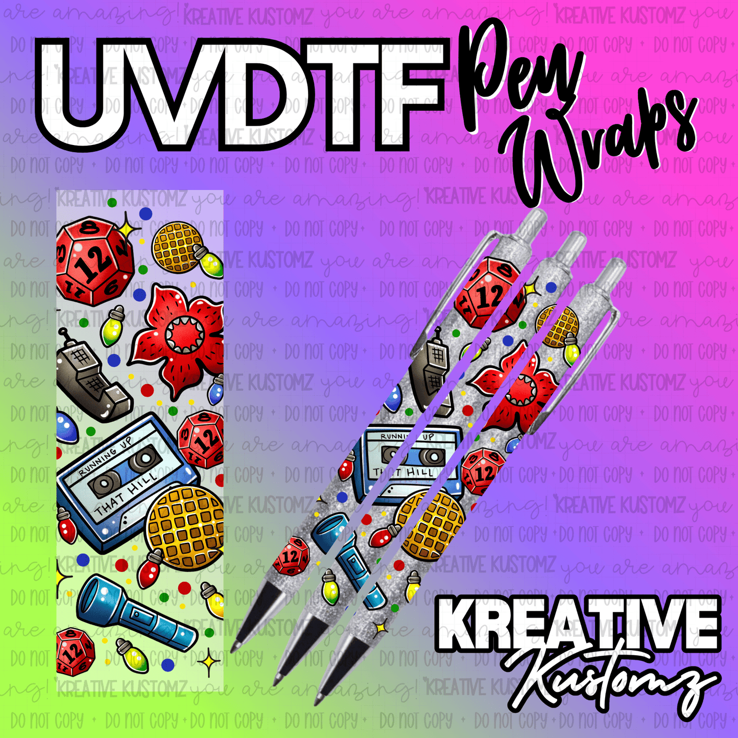 A Stranger Things themed UV DTF pen wrap featuring dice, waffles, cassettes, and light bulbs.
